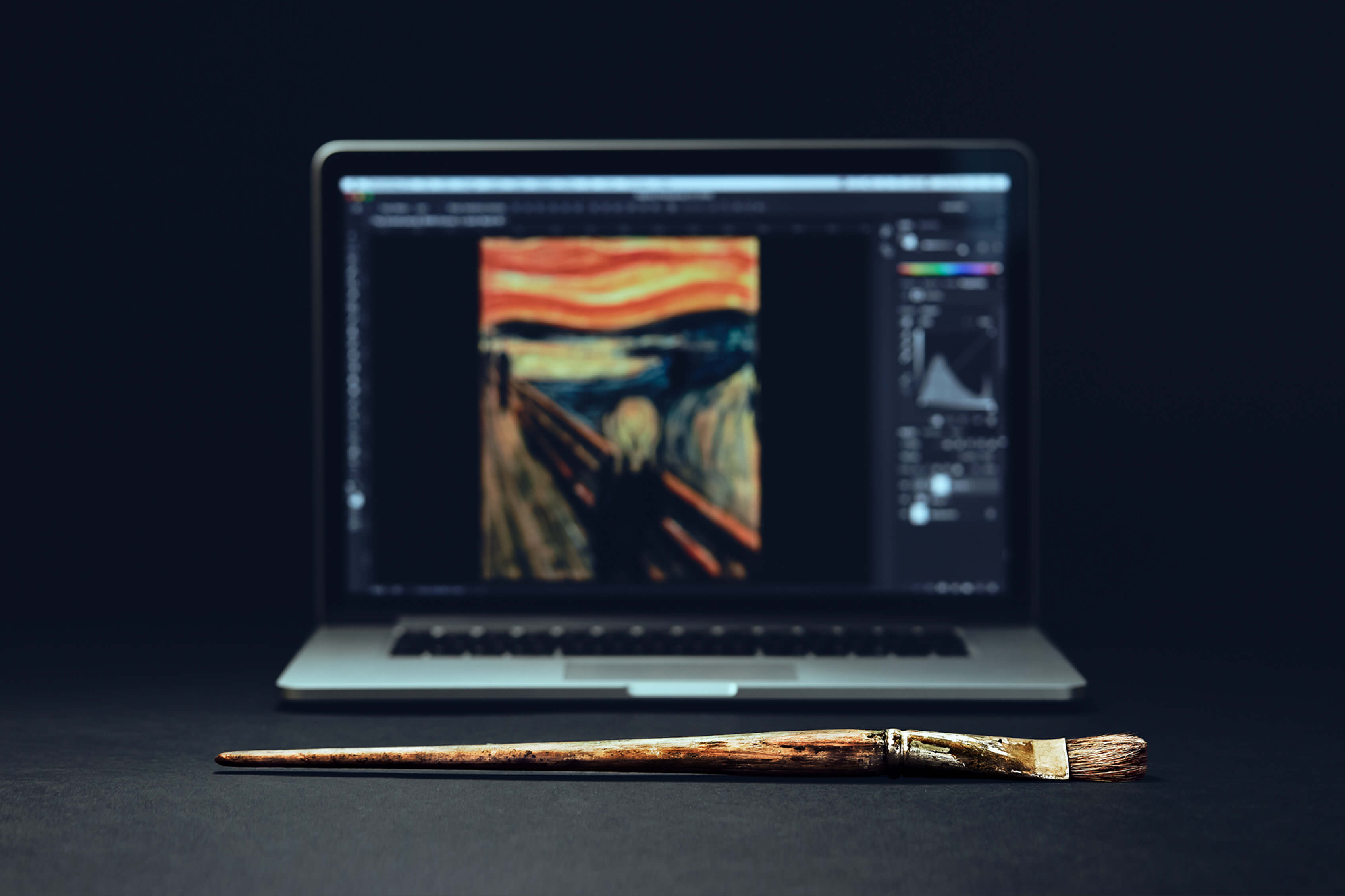 Photoshop CC screen showing The Scream mid restoration next to the actual brush, on a black background