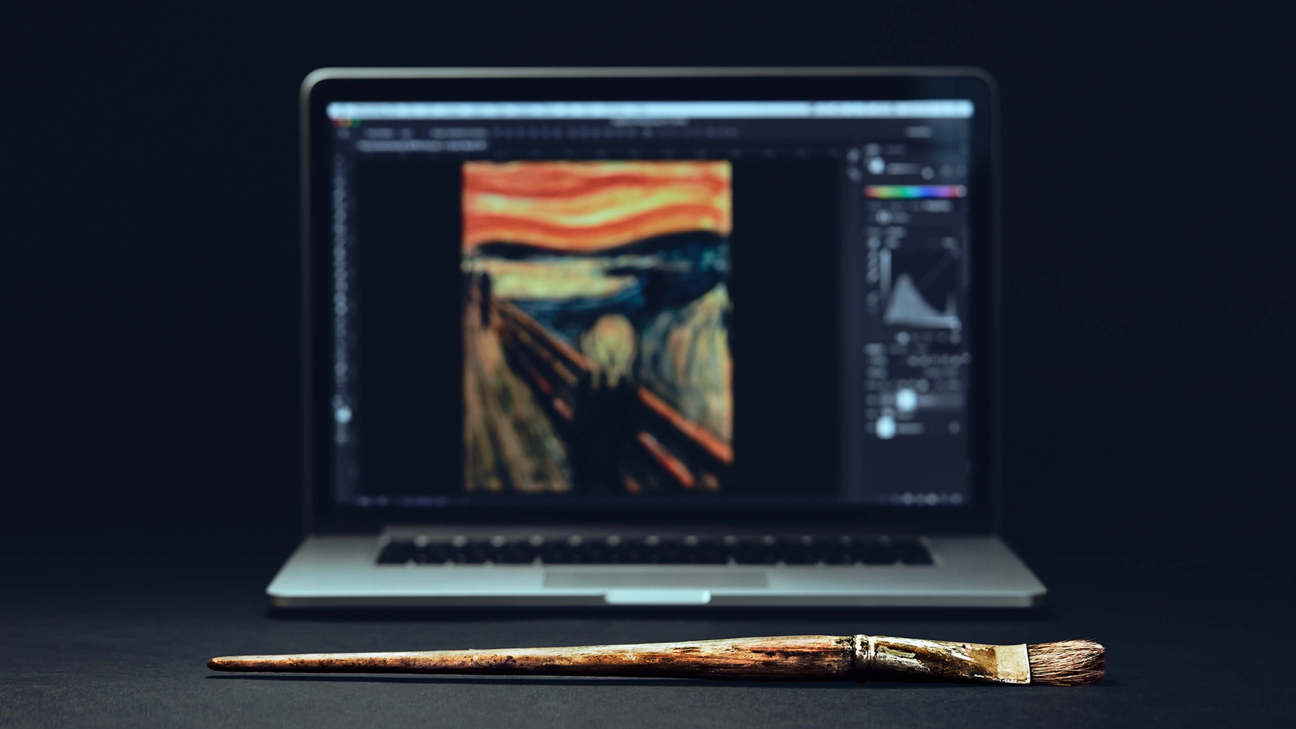 Photoshop CC screen showing The Scream mid restoration next to the actual brush, on a black background