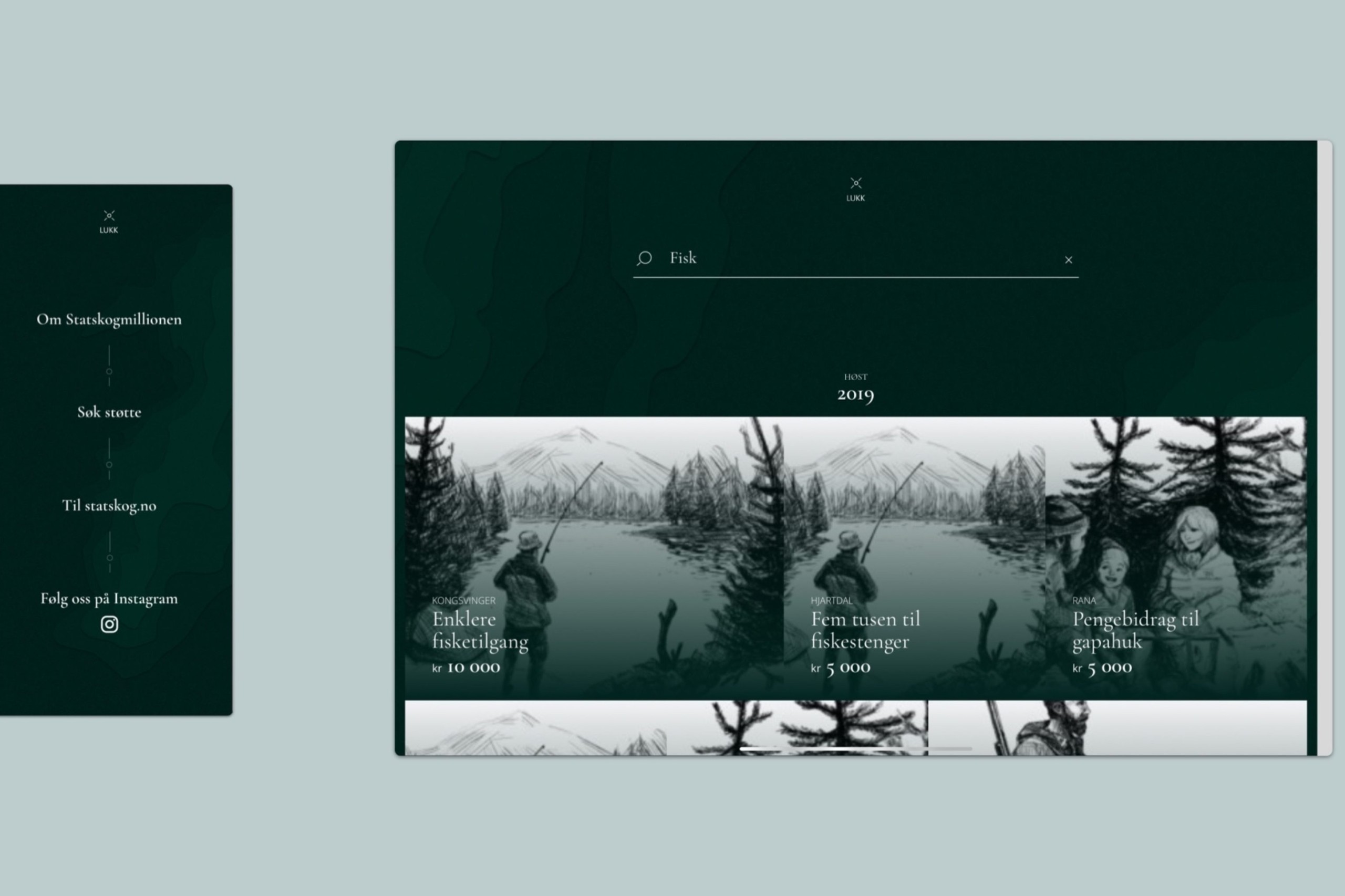 A funded project's detail page within the Statskogmillionen interactive map.