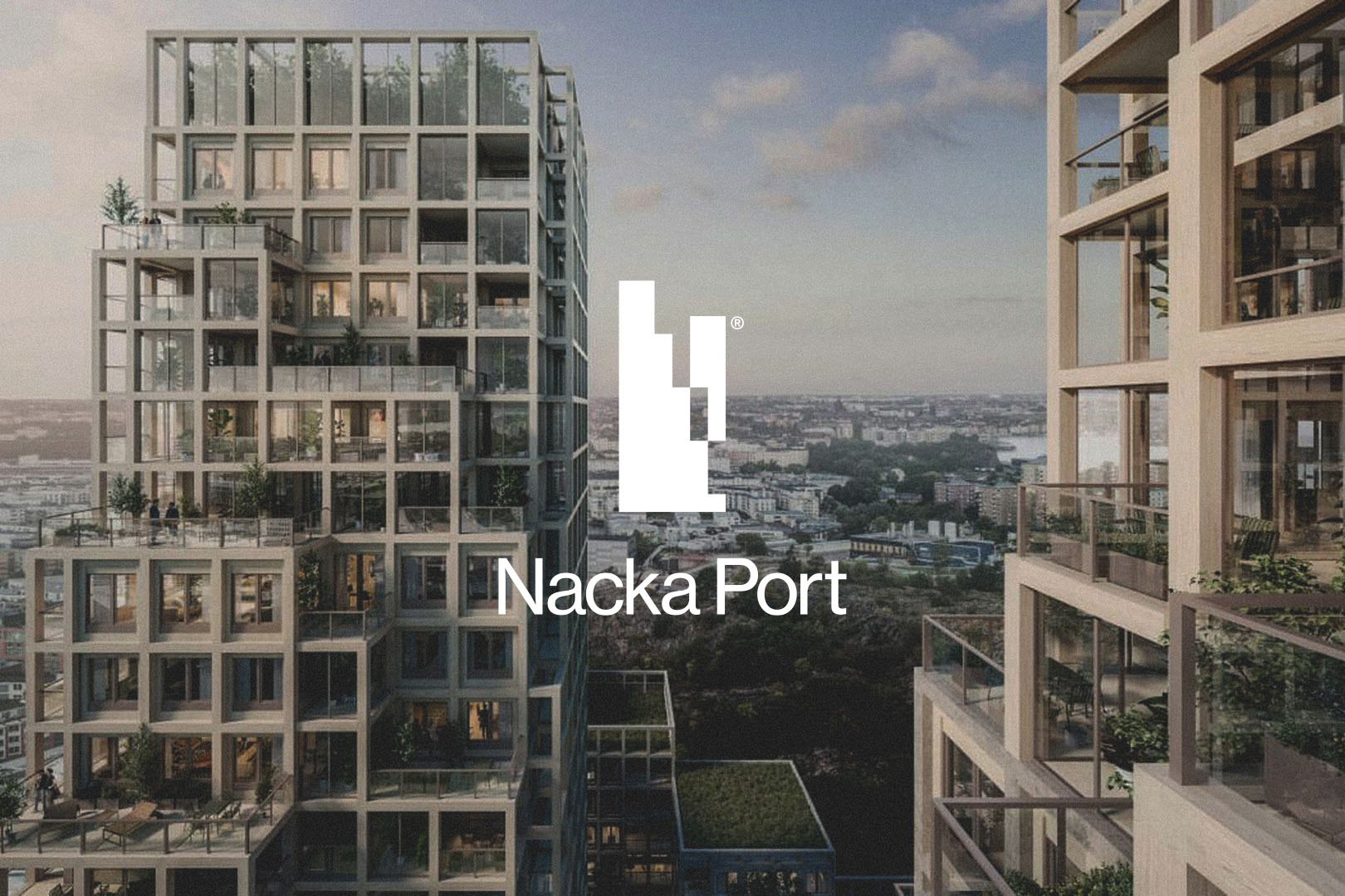Architectural rendering of two modern high-rise buildings with balconies and greenery, featuring a white logo and the text 'Nacka Port' over a city skyline.