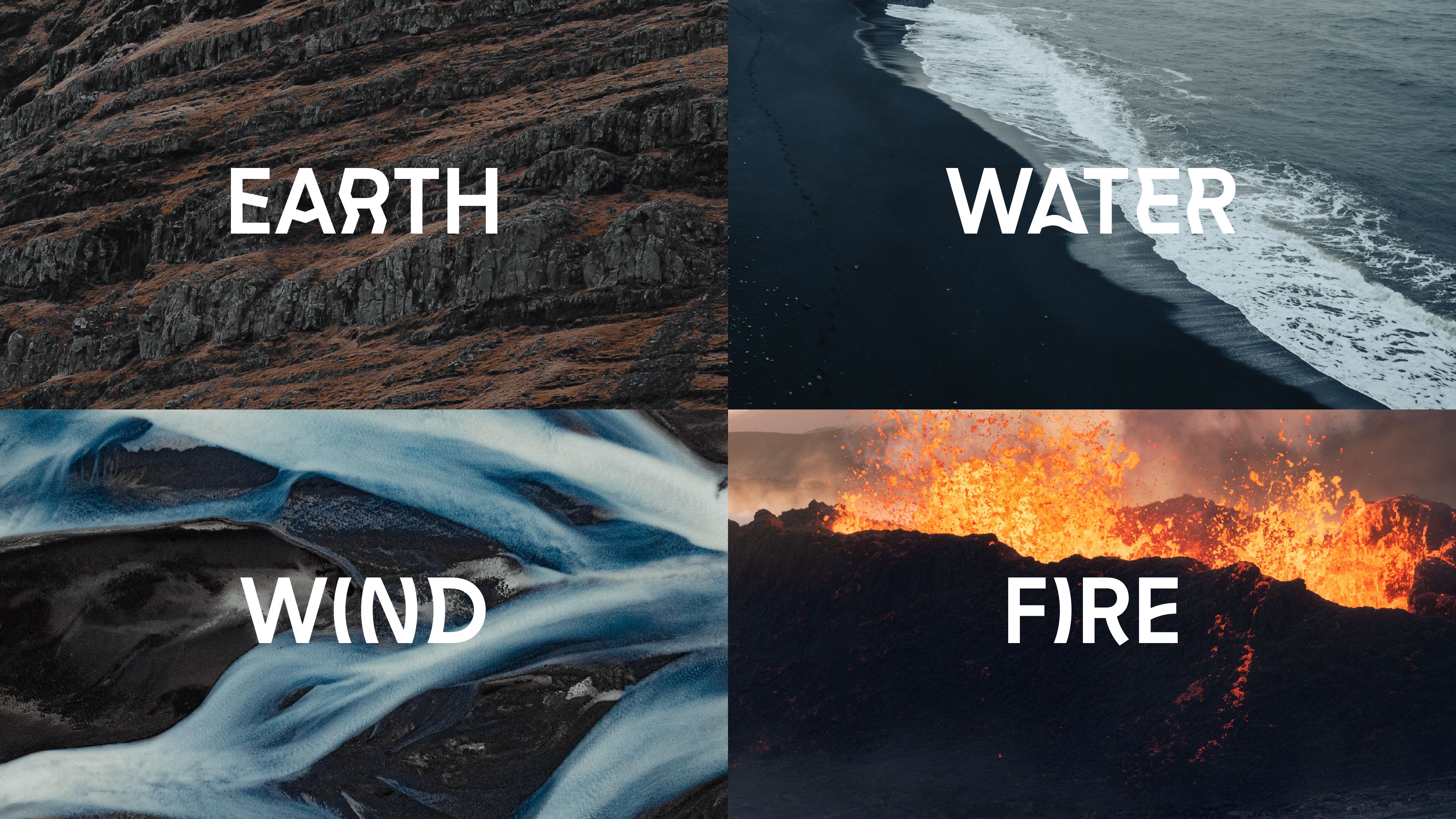 Icelandias fire elementer: en abstrakt komposisjon av stein, ild, vann og luft som representerer merkevarens samlende konsept