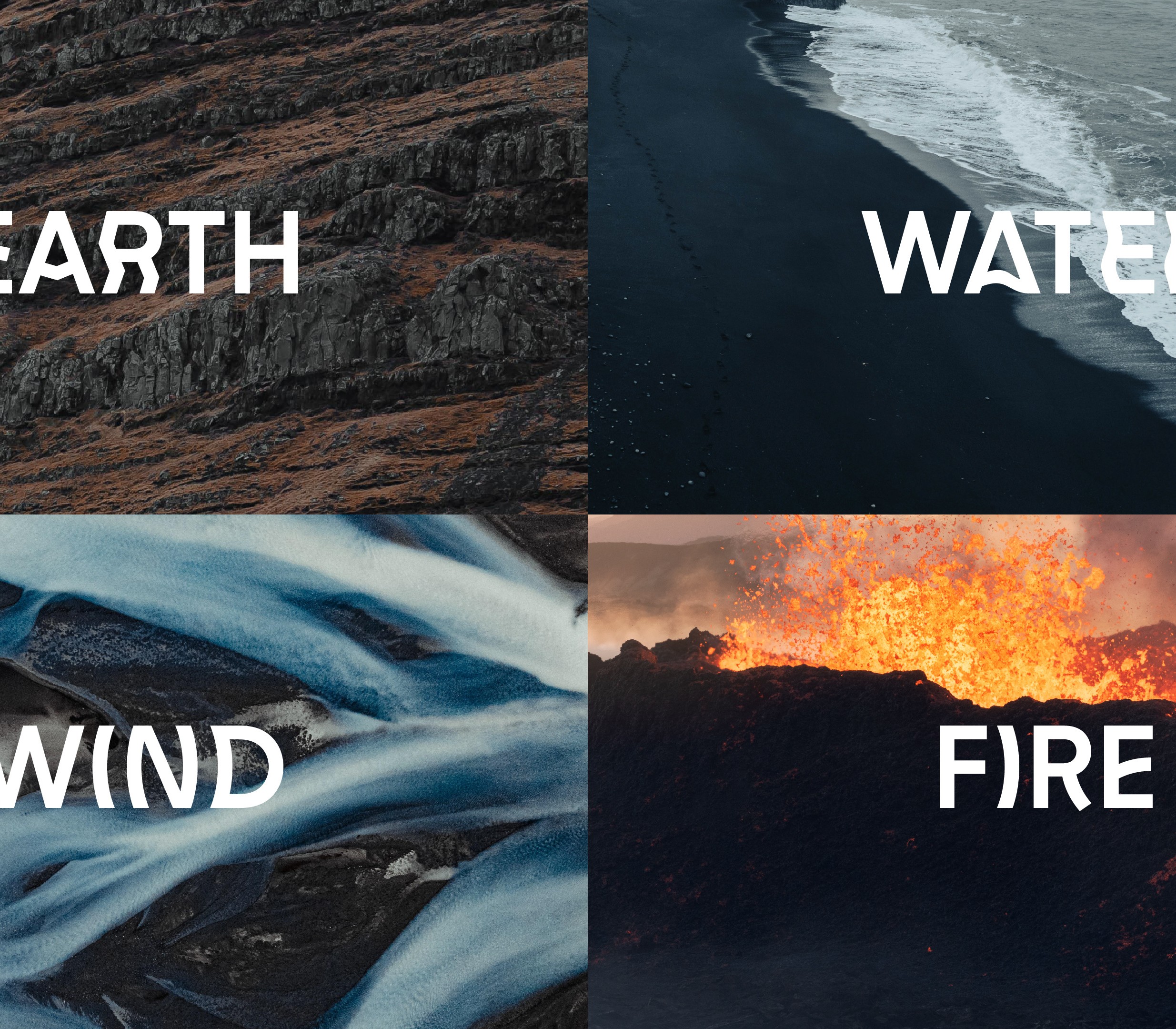 Icelandias fire elementer: en abstrakt komposisjon av stein, ild, vann og luft som representerer merkevarens samlende konsept