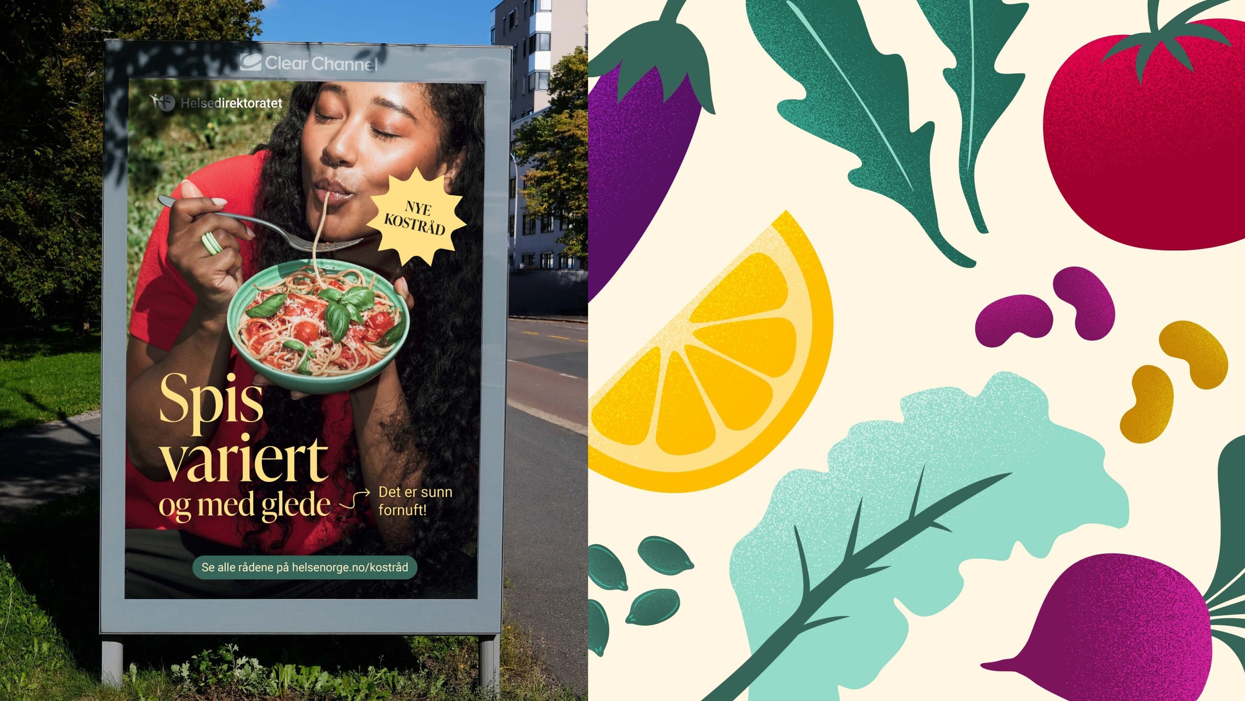 A billboard shows a woman happily eating pasta, next to an illustration of colorful, stylized fruits and vegetables.