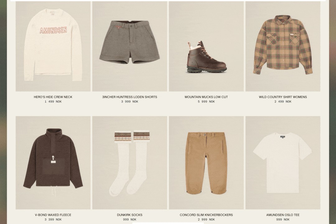 Amundsen e-commerce product page displaying a grid of outdoor clothing and footwear.