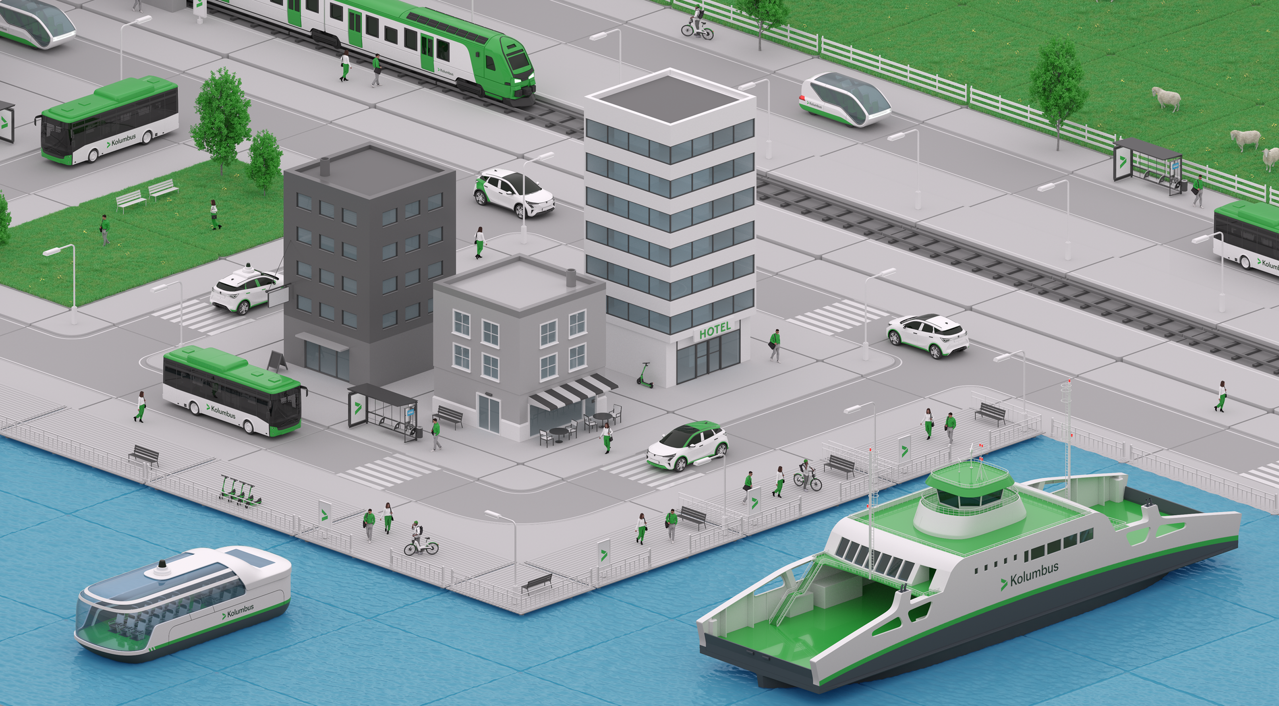 Illustrated aerial cityscape showing Kolumbus buses, boats, cyclists and trains moving through the same urban environment