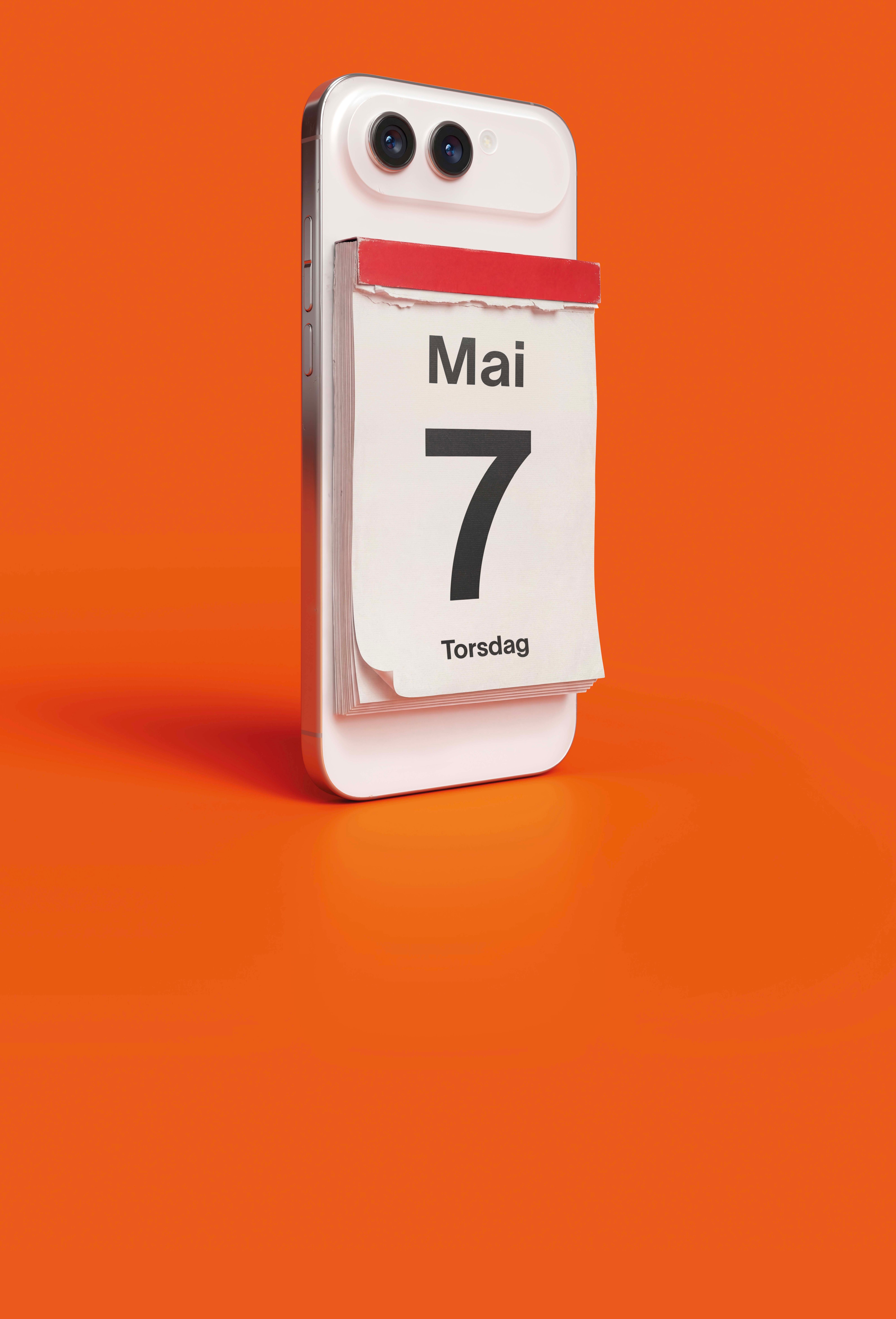 Plakat for Vipps: en mobiltelefon med en kalender festet på baksiden, del av tæppeklar-kampanjens gadget-serie