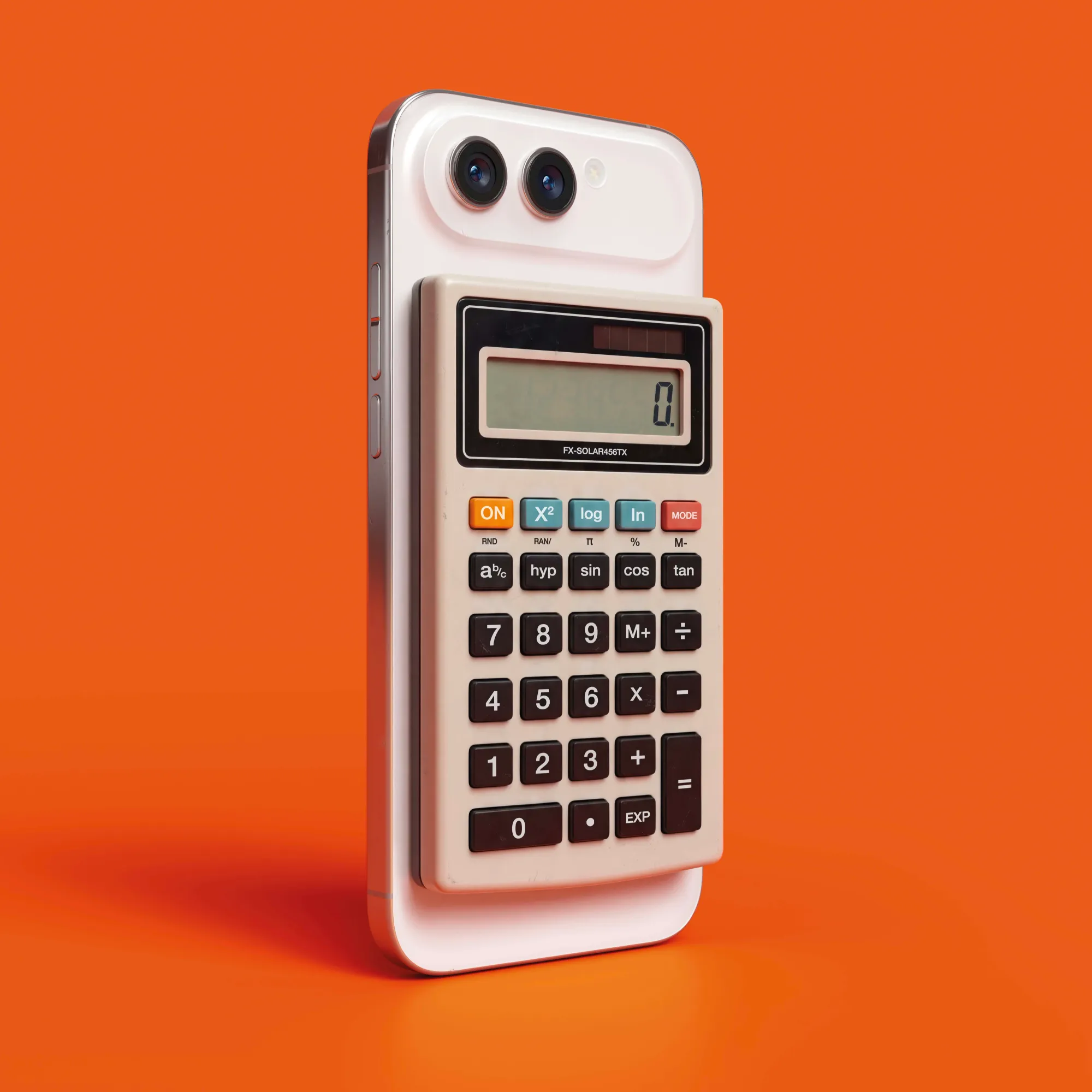 A white smartphone with a beige retro scientific calculator attached to its back, on an orange background.