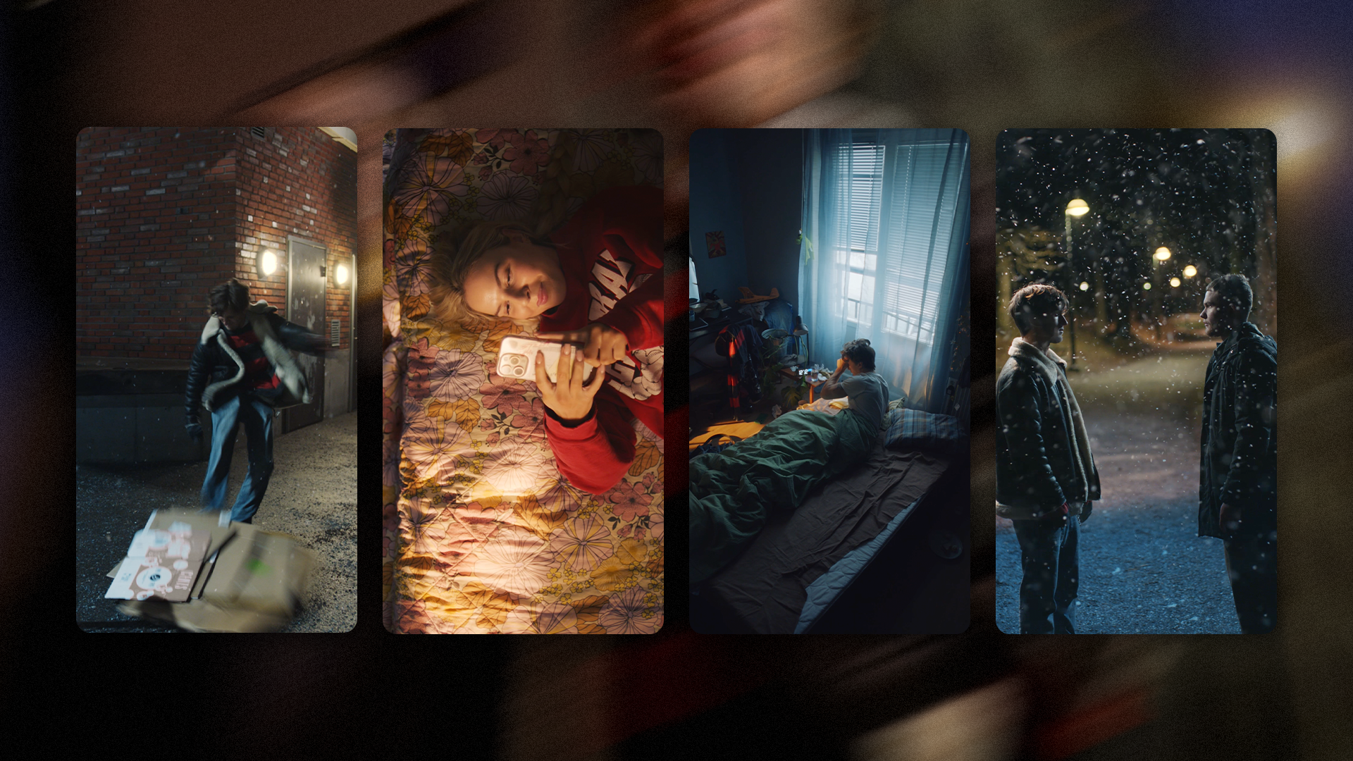 Four panels depict winter scenes: a person in a snowy alley, a woman on a bed looking at a phone, a man in bed gazing from a window, and two men standing in falling snow.