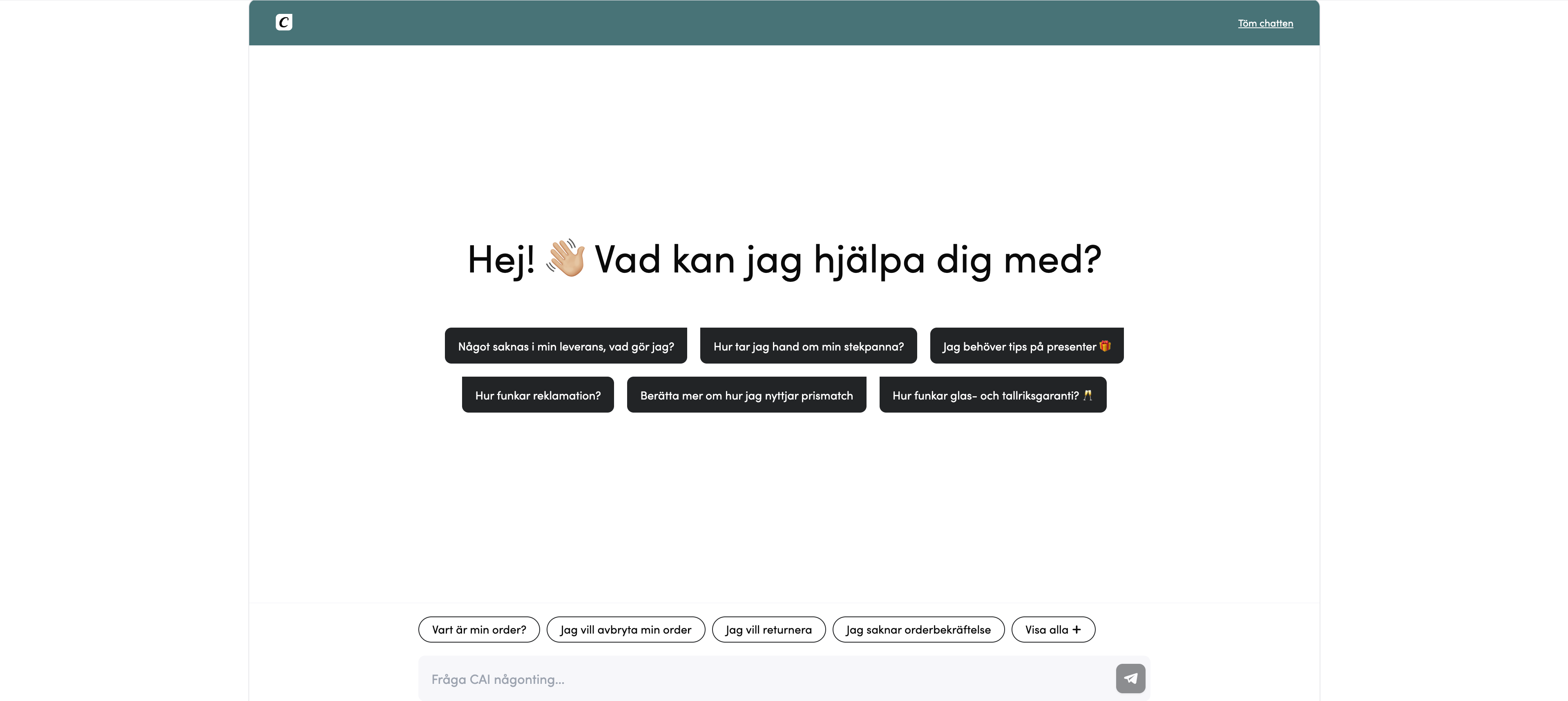 Skjermbilde av CAI-chatgrensesnittet, som viser AI-agenten svare på en kundes spørsmål i et samtalevindu, med norsk tekst.