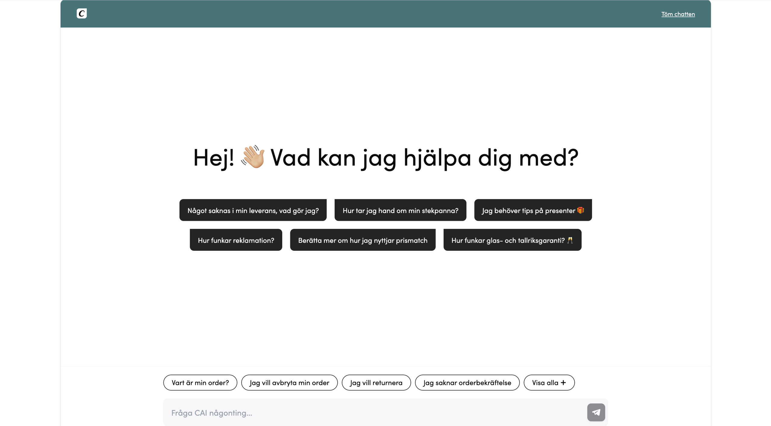 Skjermbilde av CAI-chatgrensesnittet, som viser AI-agenten svare på en kundes spørsmål i et samtalevindu, med norsk tekst.