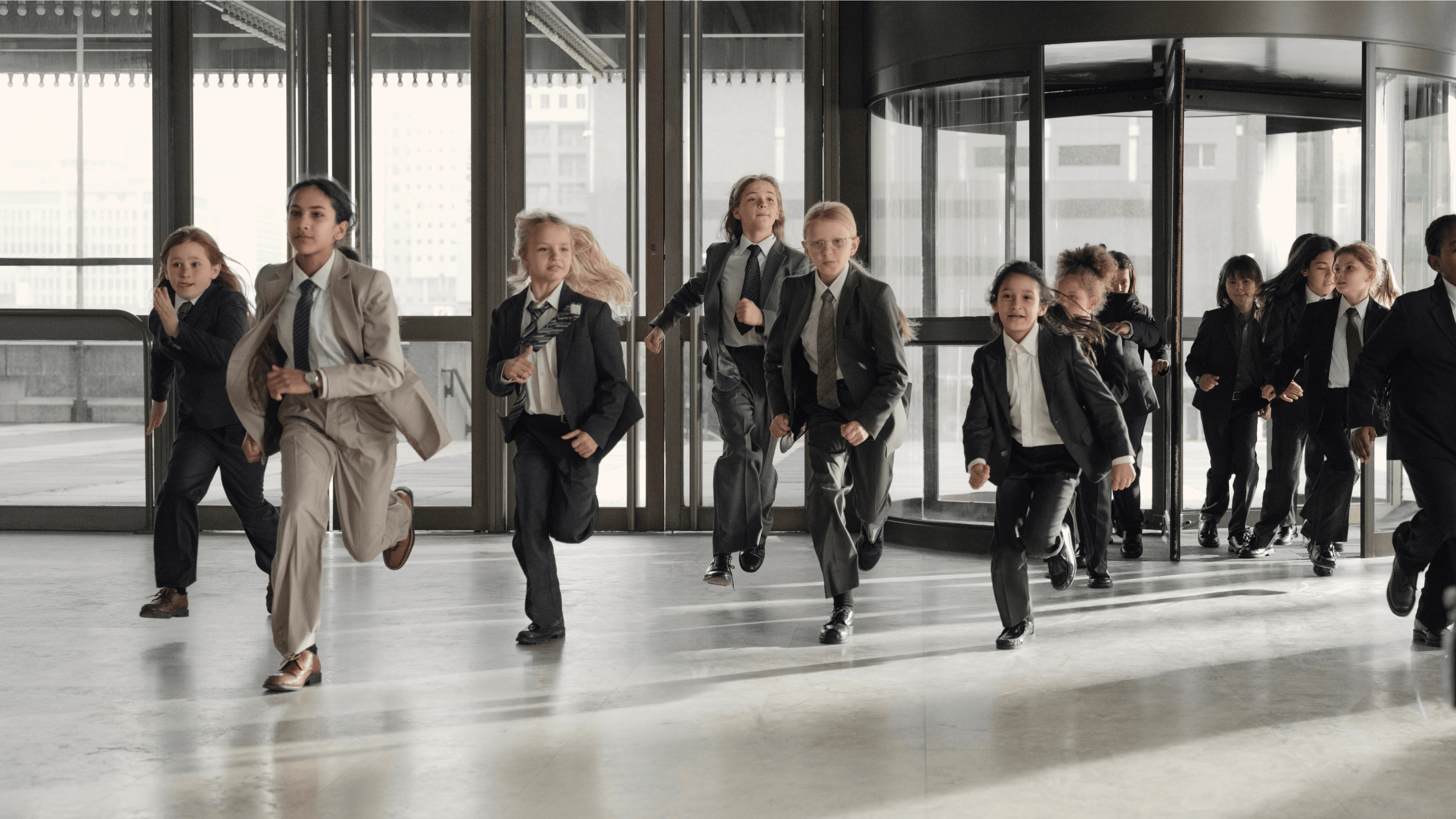 Girls in suits running toward a building, from DNB's #huninvesterer campaign