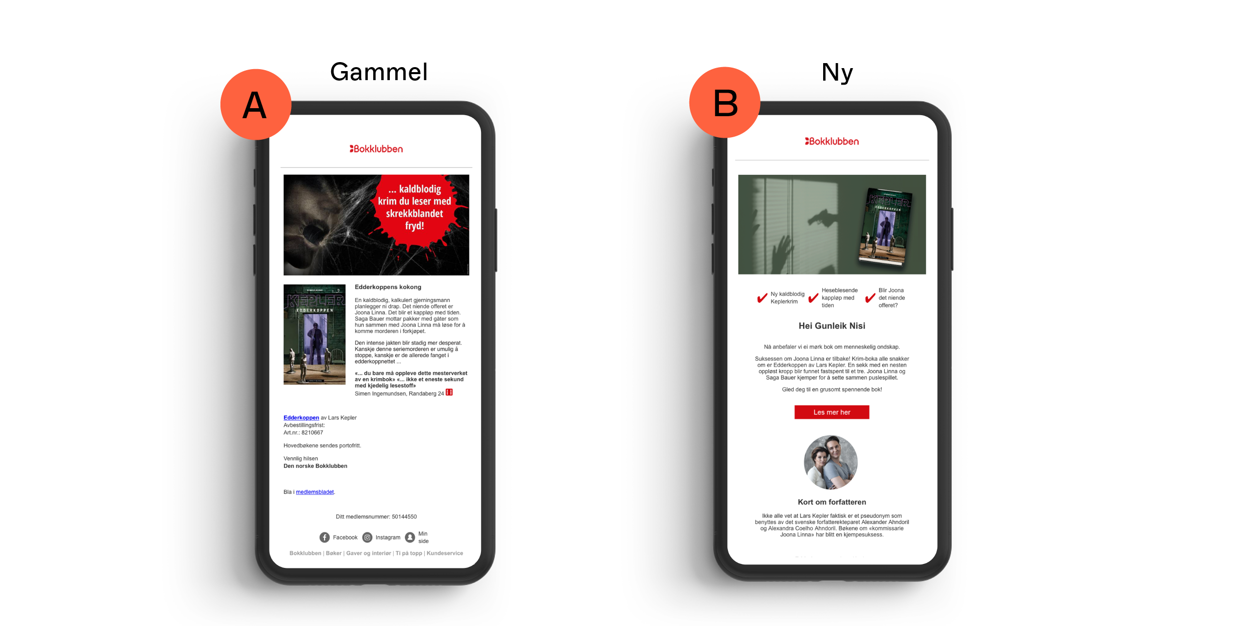 To mobilskjermer side om side som sammenligner Bokklubbens gamle, salgsdrevne Månedens bok-e-post med den redesignede versjonen, som har et bevegelig toppbilde og en tydeligere struktur.