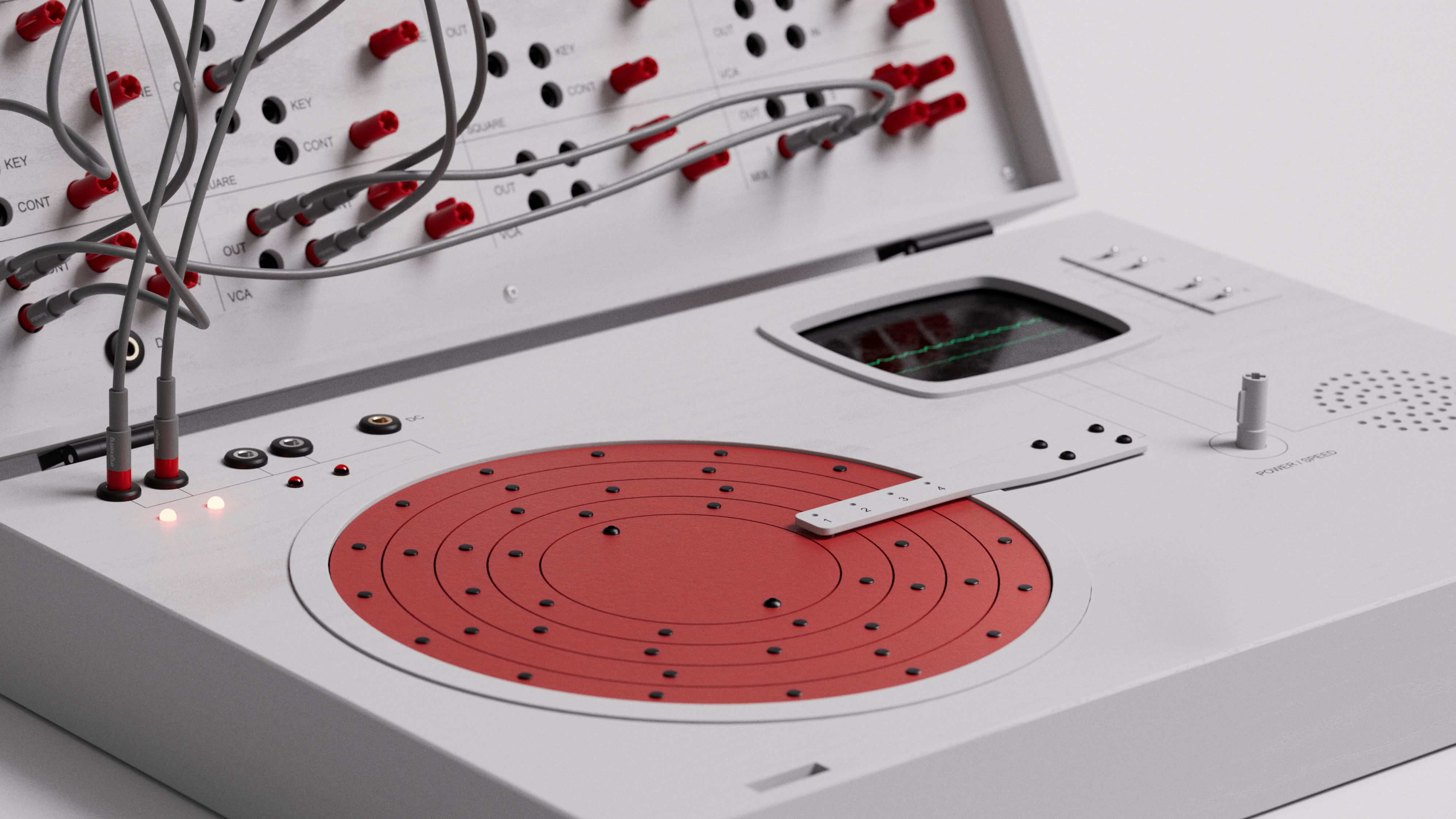 White modular synthesizer with a red circular sequencer, a white tone arm, gray patch cables, and a small screen.