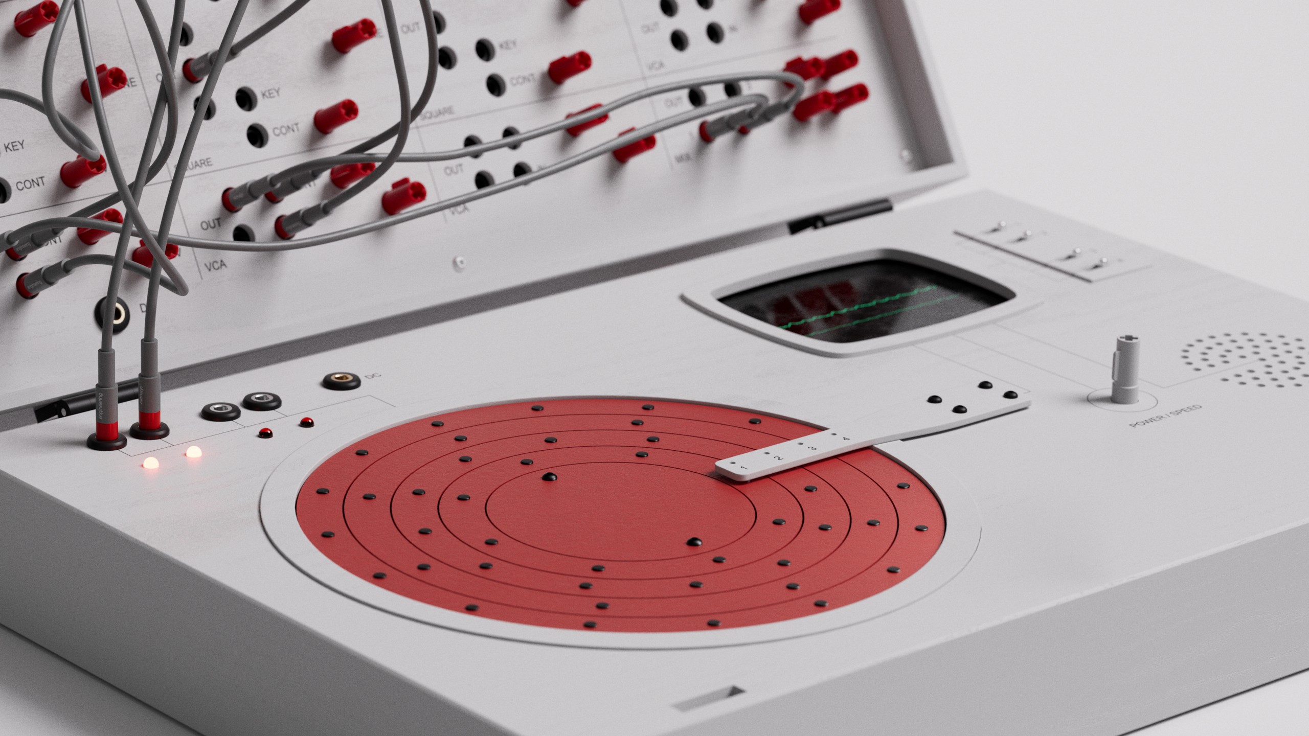 White modular synthesizer with a red circular sequencer, a white tone arm, gray patch cables, and a small screen.