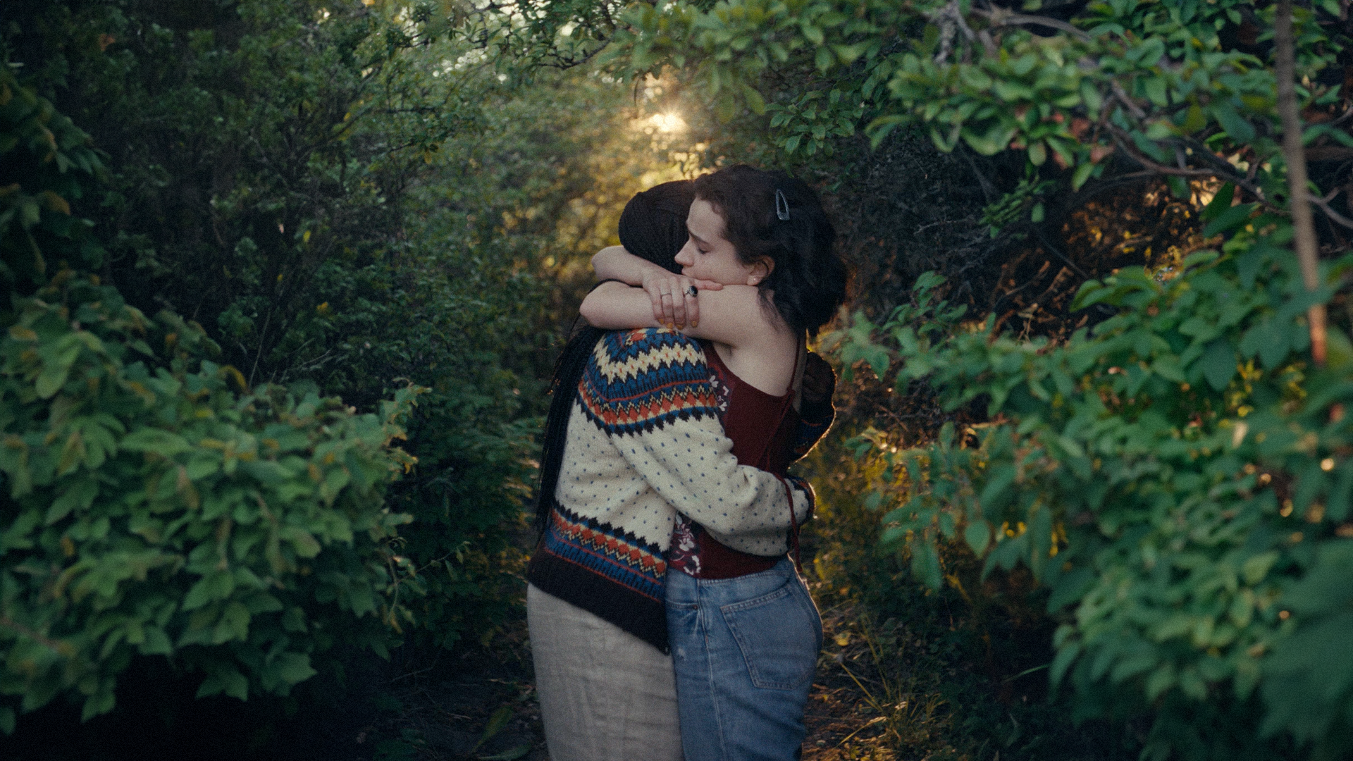 Two people embracing in a leafy outdoor setting with sunlight.