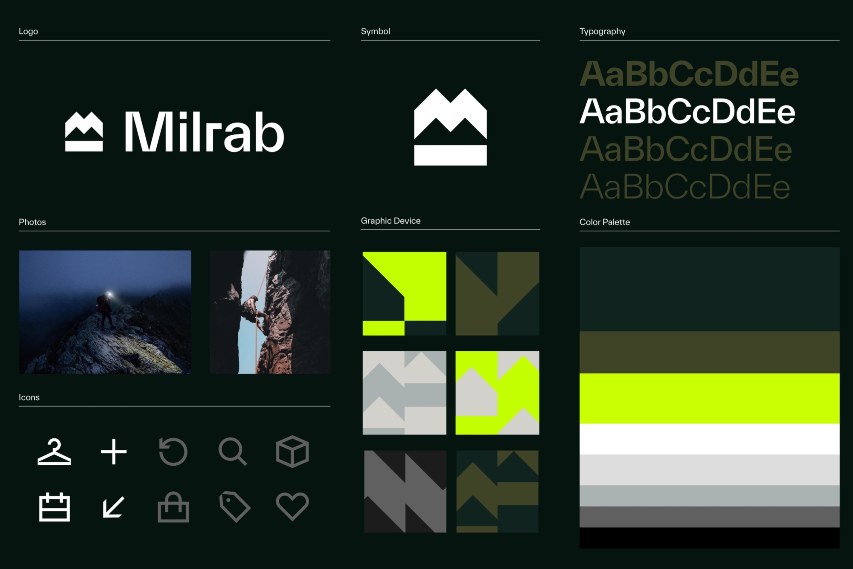 En side fra Milrabs merkevareverktøykasse som viser identitetens regler for logo-, farge- og typebruk.