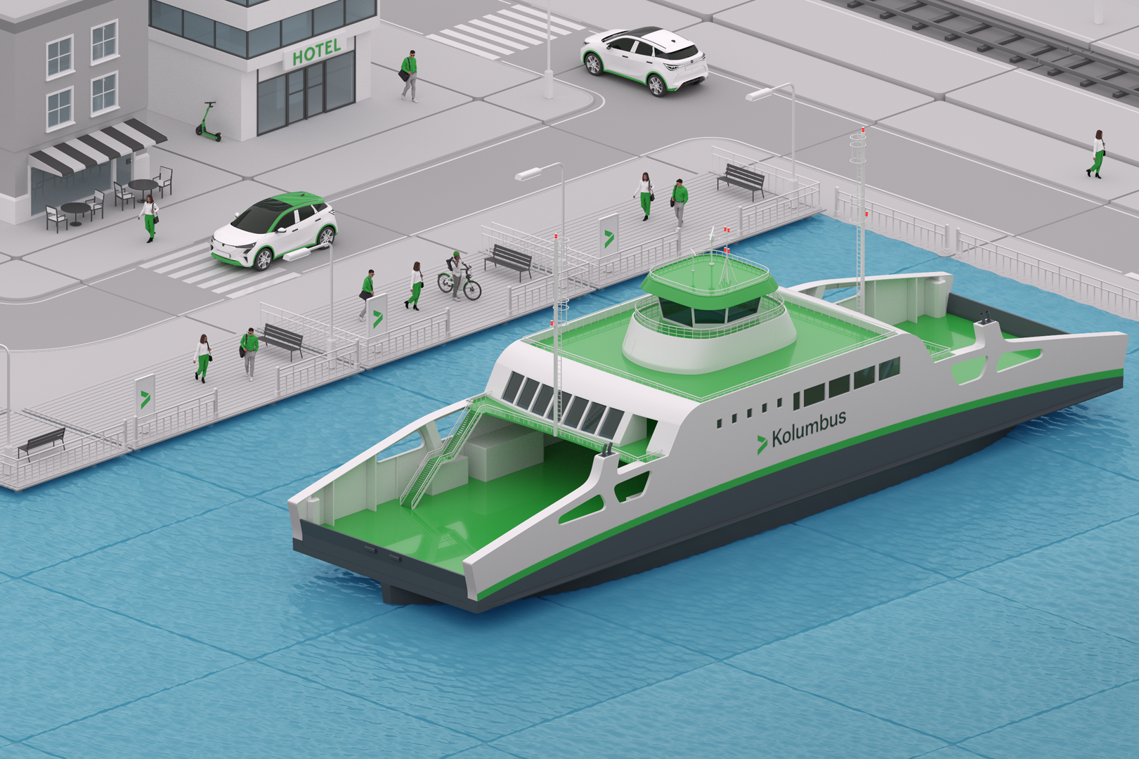 Illustrated coastal environment in the Kolumbus system's style, showing a ferry route along the shoreline