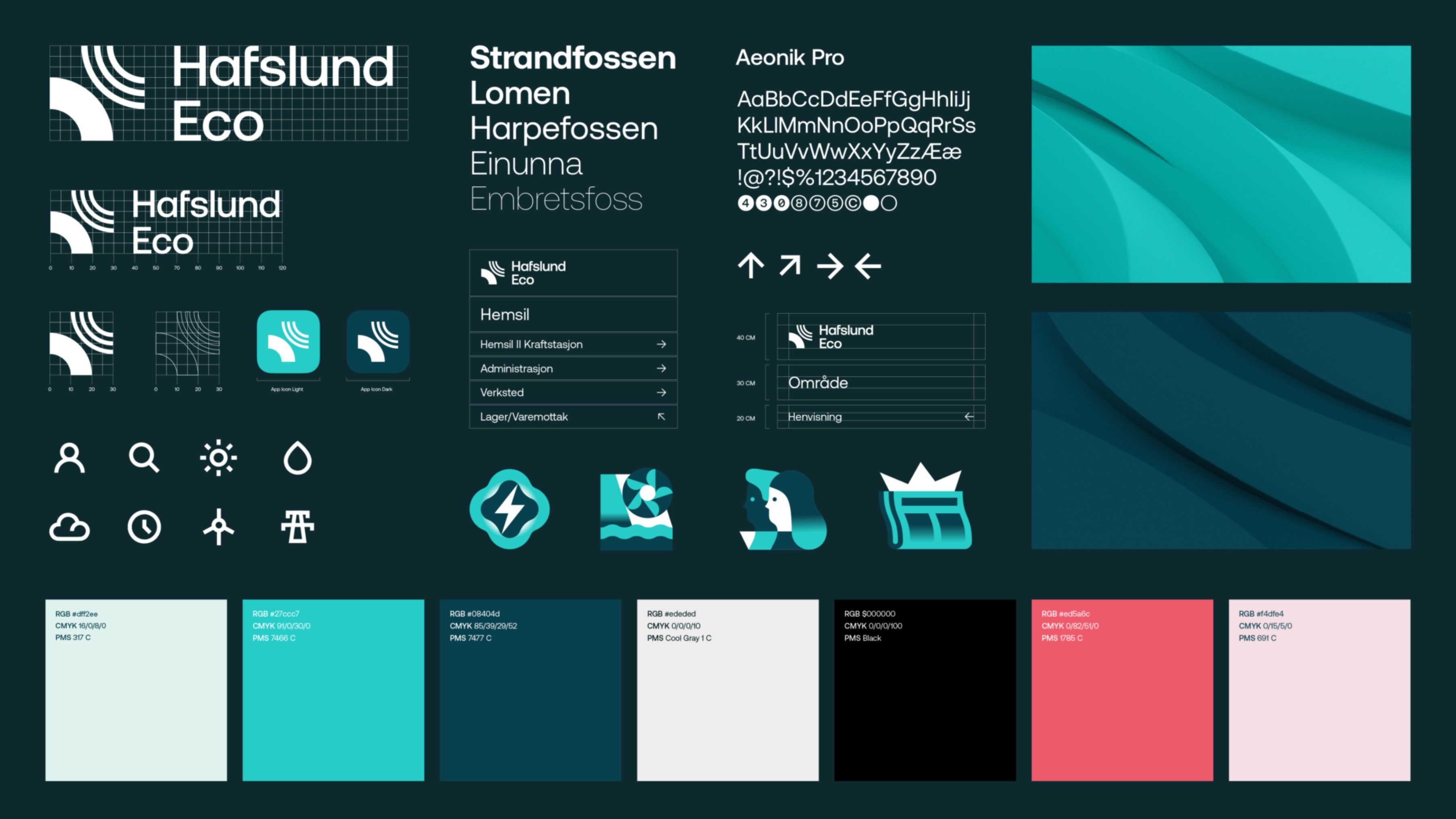 Hafslund Eco brand guideline spread: the New Horizons logo construction grid, light and dark app icons, the Aeonik Pro typeface, a wayfinding mockup, custom pictograms for hydropower, water and people, the horizon colour palette with hex and CMYK values, and two gradient wave-texture panels.