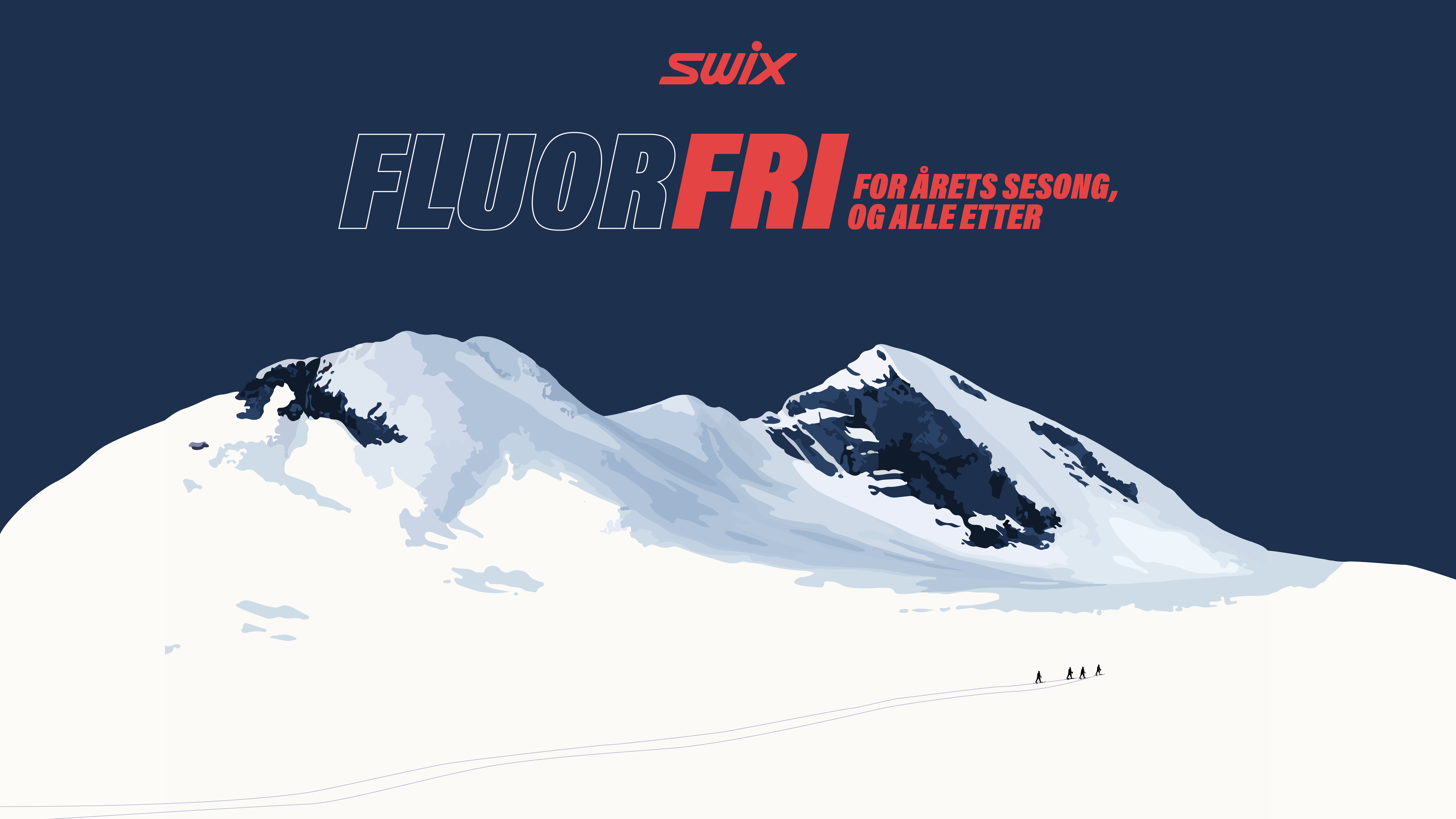 Swix advertisement featuring stylized snow-covered mountains, skiers, and text "FLUORFRI FOR ÅRETS SESONG, OG ALLE ETTER" (Fluorine-Free for this season, and all after).