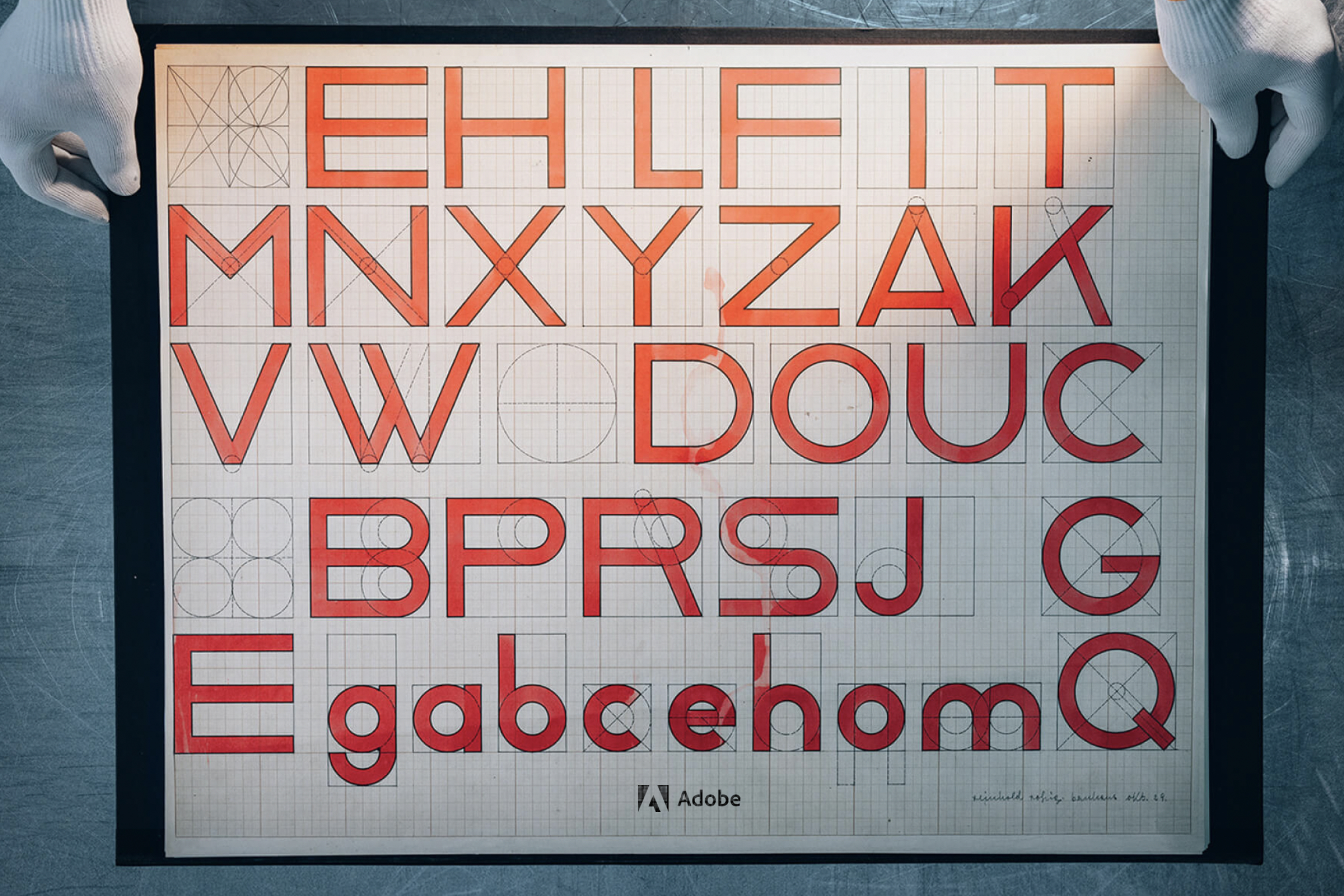 A type specimen image used as the case hero, showing lettering from the revived Bauhaus typefaces made for Adobe TypeKit.