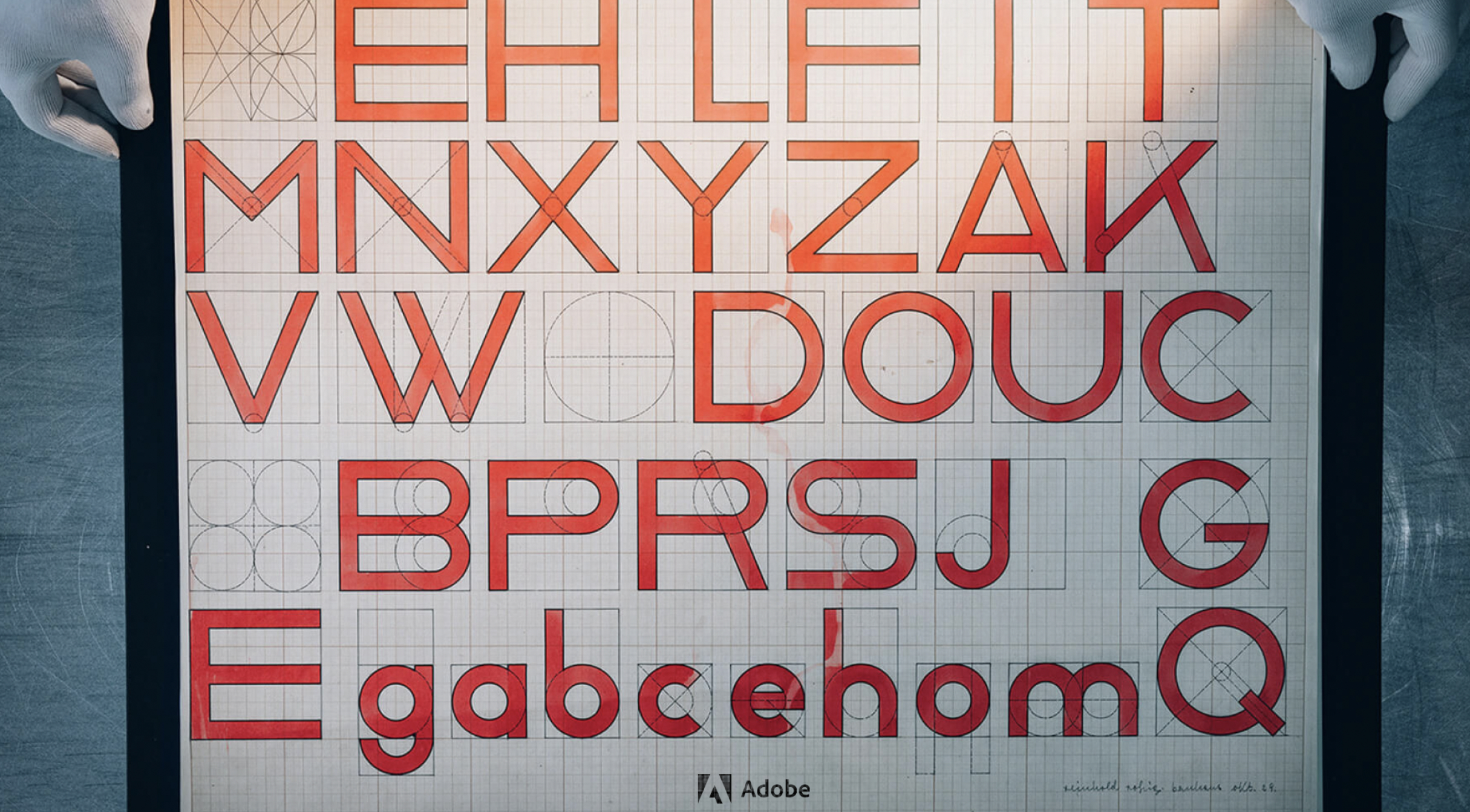 A type specimen image used as the case hero, showing lettering from the revived Bauhaus typefaces made for Adobe TypeKit.