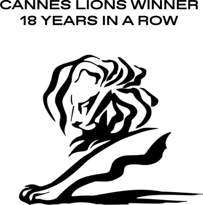 A stylized black and white illustration of a lion and the text "CANNES LIONS WINNER 18 YEARS IN A ROW".