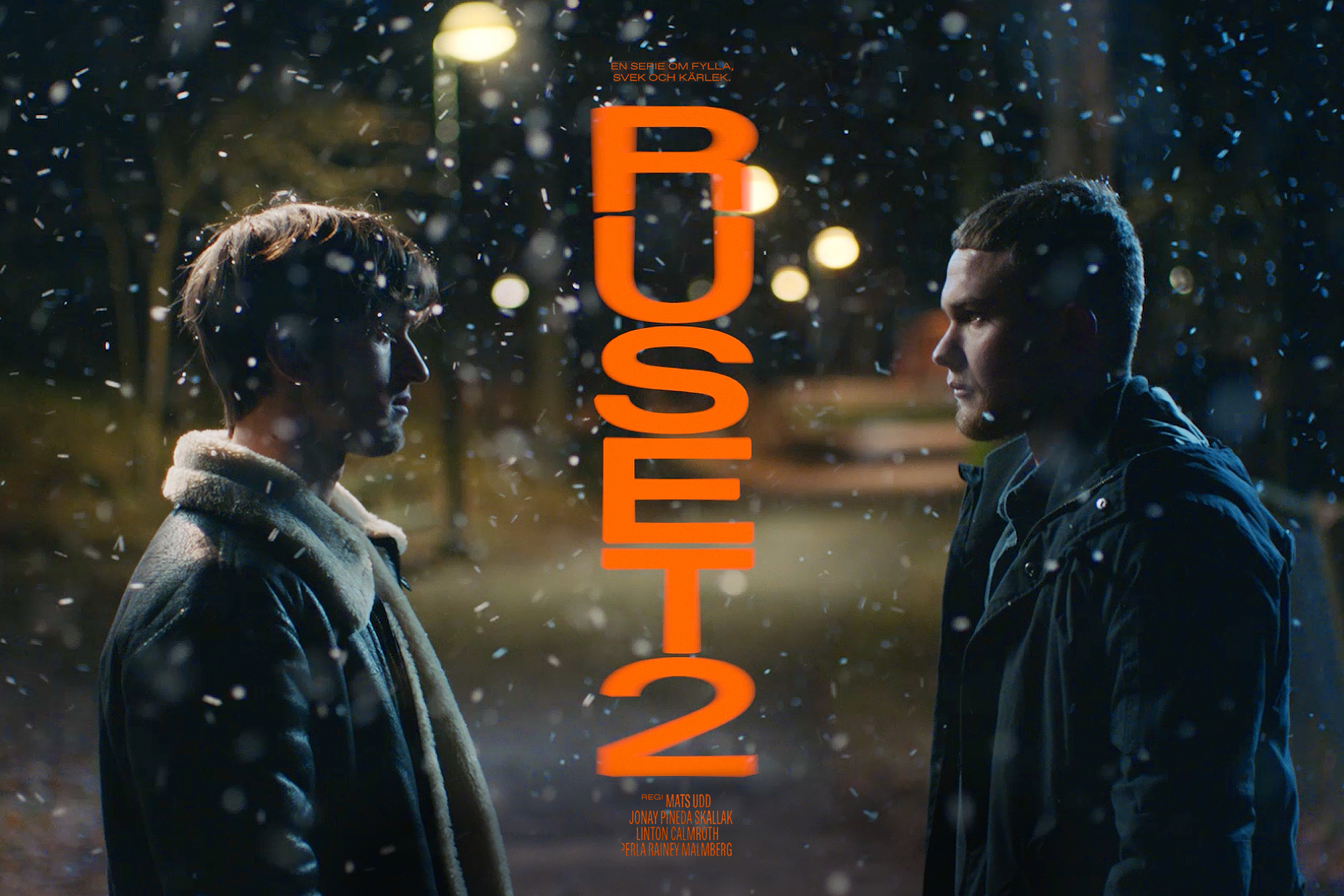 Two young men facing each other in a snowy night, with the film title "BUSET2" in orange text.