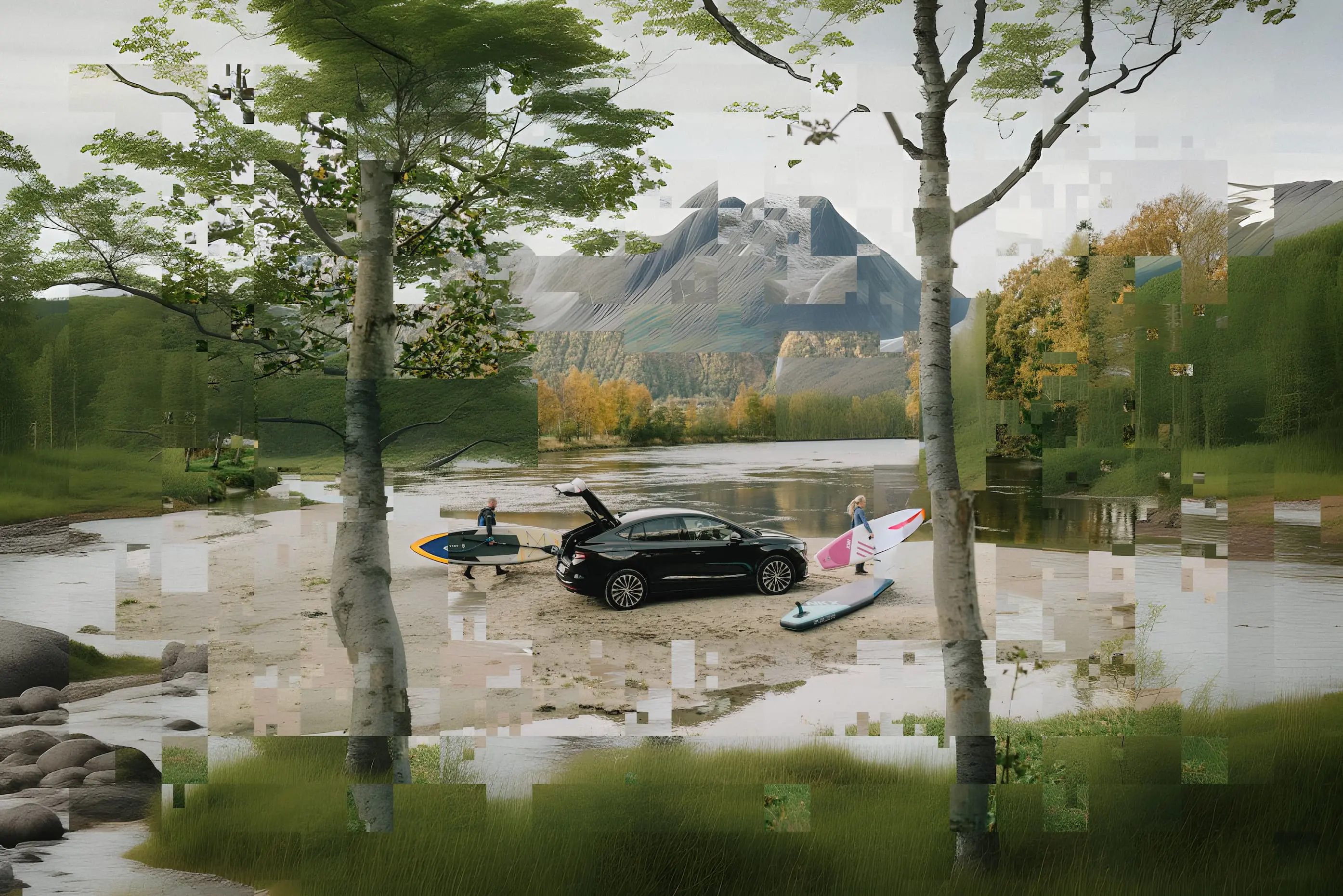 A glitched image showing two people with surfboards next to a black SUV by a river in a mountainous landscape.