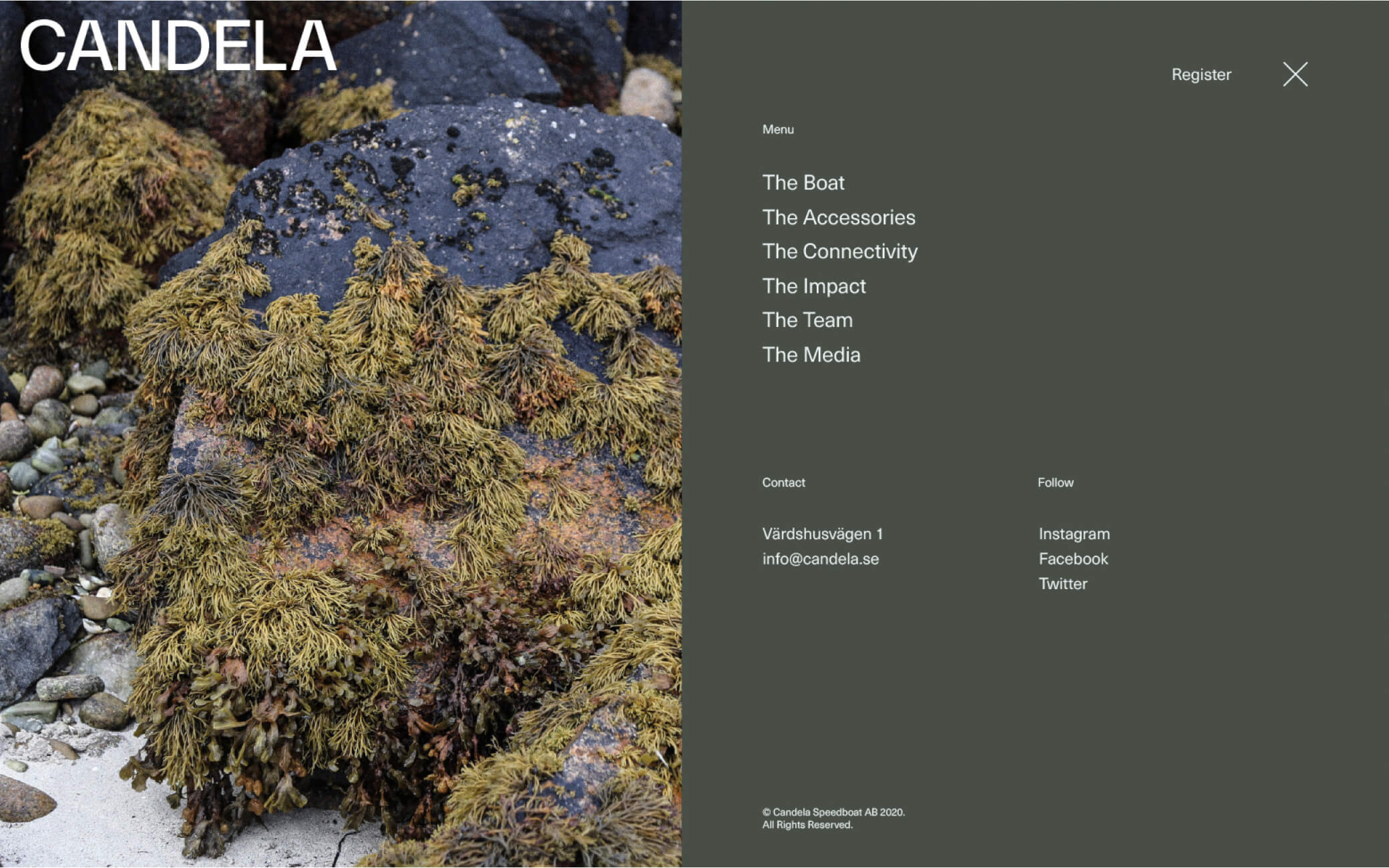Candela boat and brand identity application, a landscape view