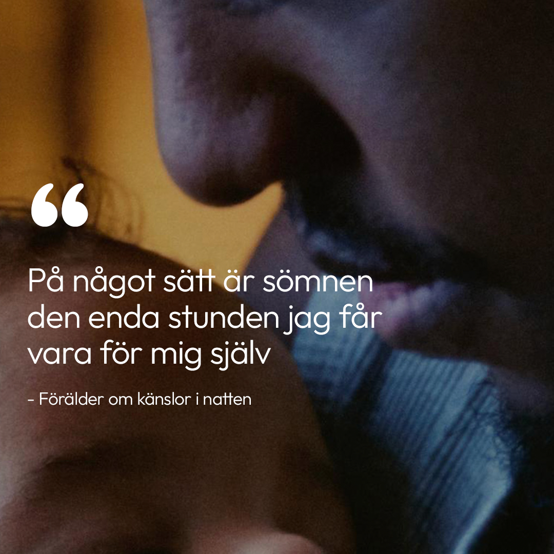 Close-up of a sleeping parent and baby, with white text reading: "In some way, sleep is the only moment I get to be by myself" from "Parent on feelings in the night."