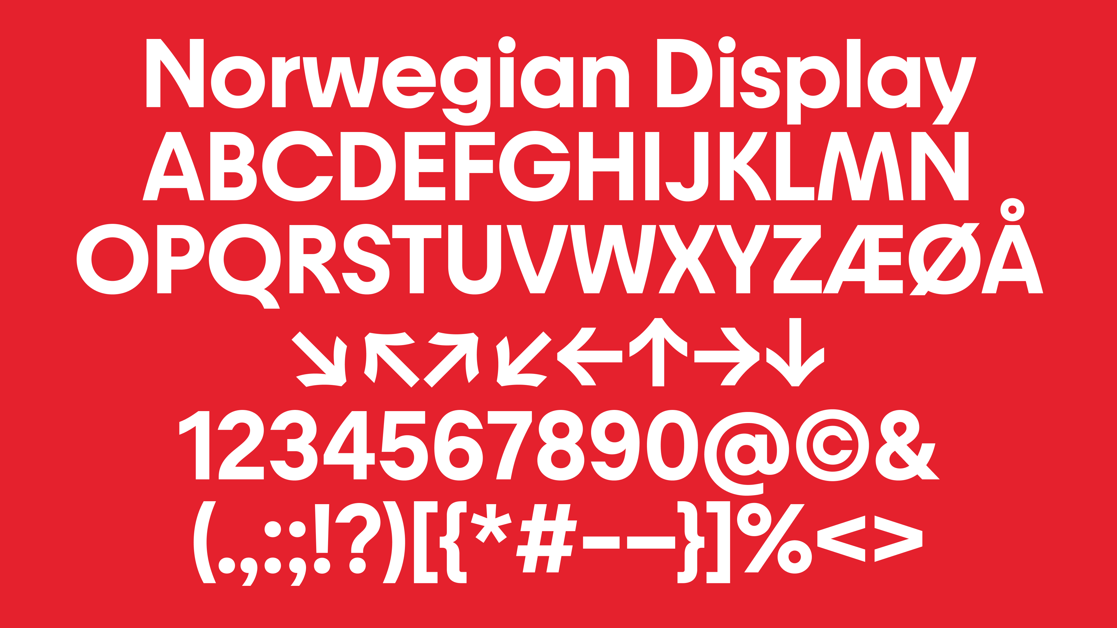 The Norwegian Display typeface in white on red: uppercase alphabet, arrows, numerals and punctuation