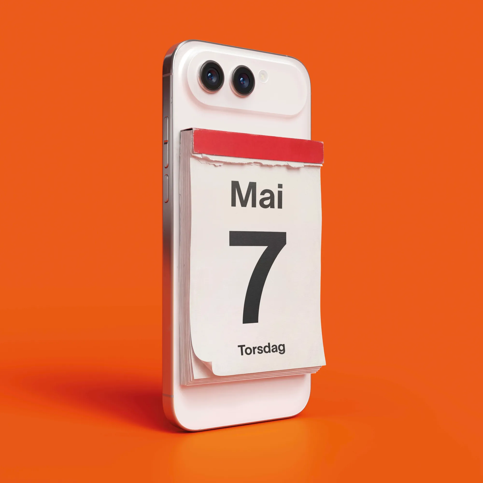 White smartphone with a physical tear-off calendar on its back showing "Mai 7 Torsdag", against an orange background.