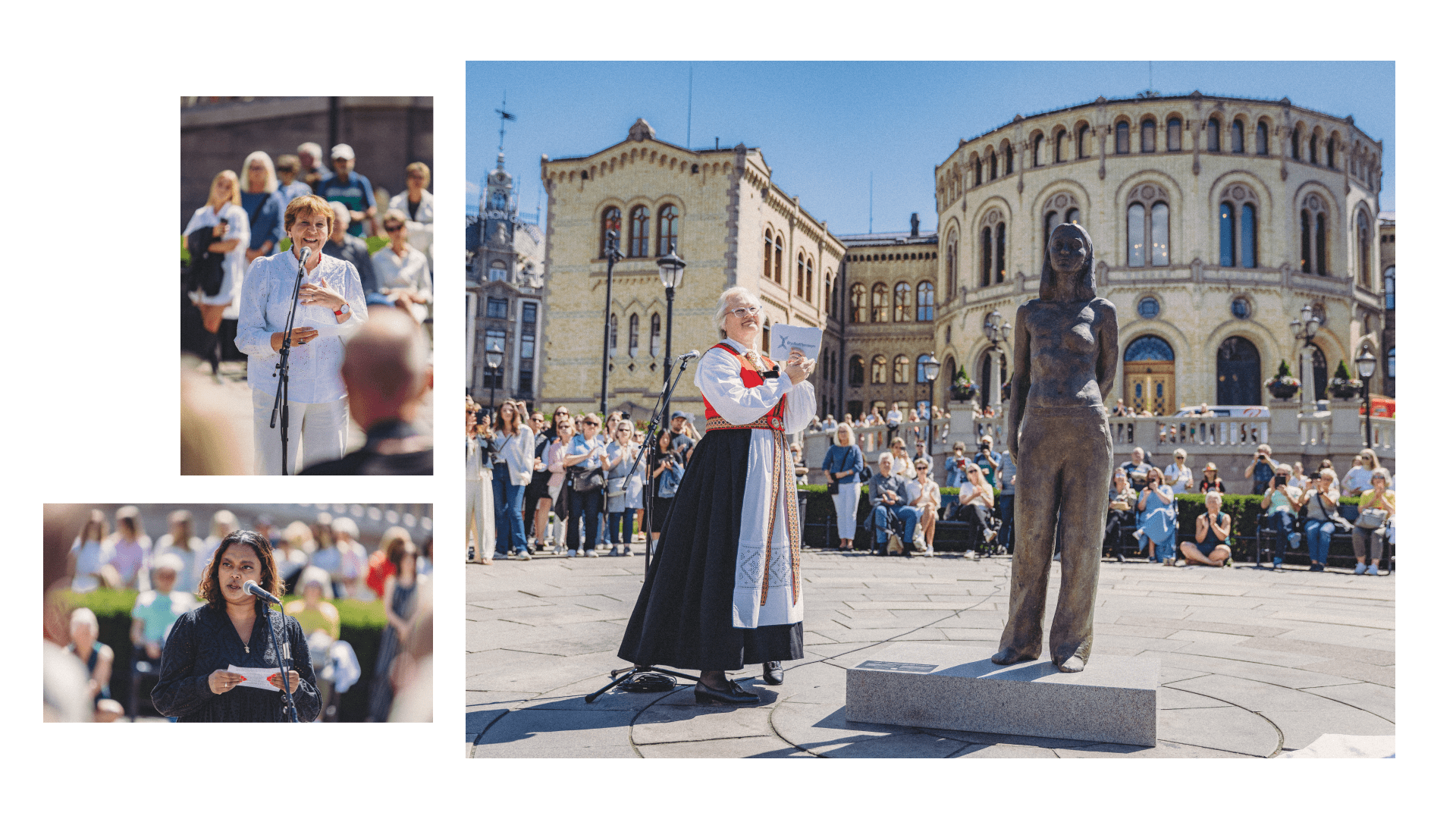 A collage showing an outdoor ceremony in front of the Norwegian Parliament, with a woman in traditional dress next to a bronze statue of a woman, and two other women speaking in separate insets.