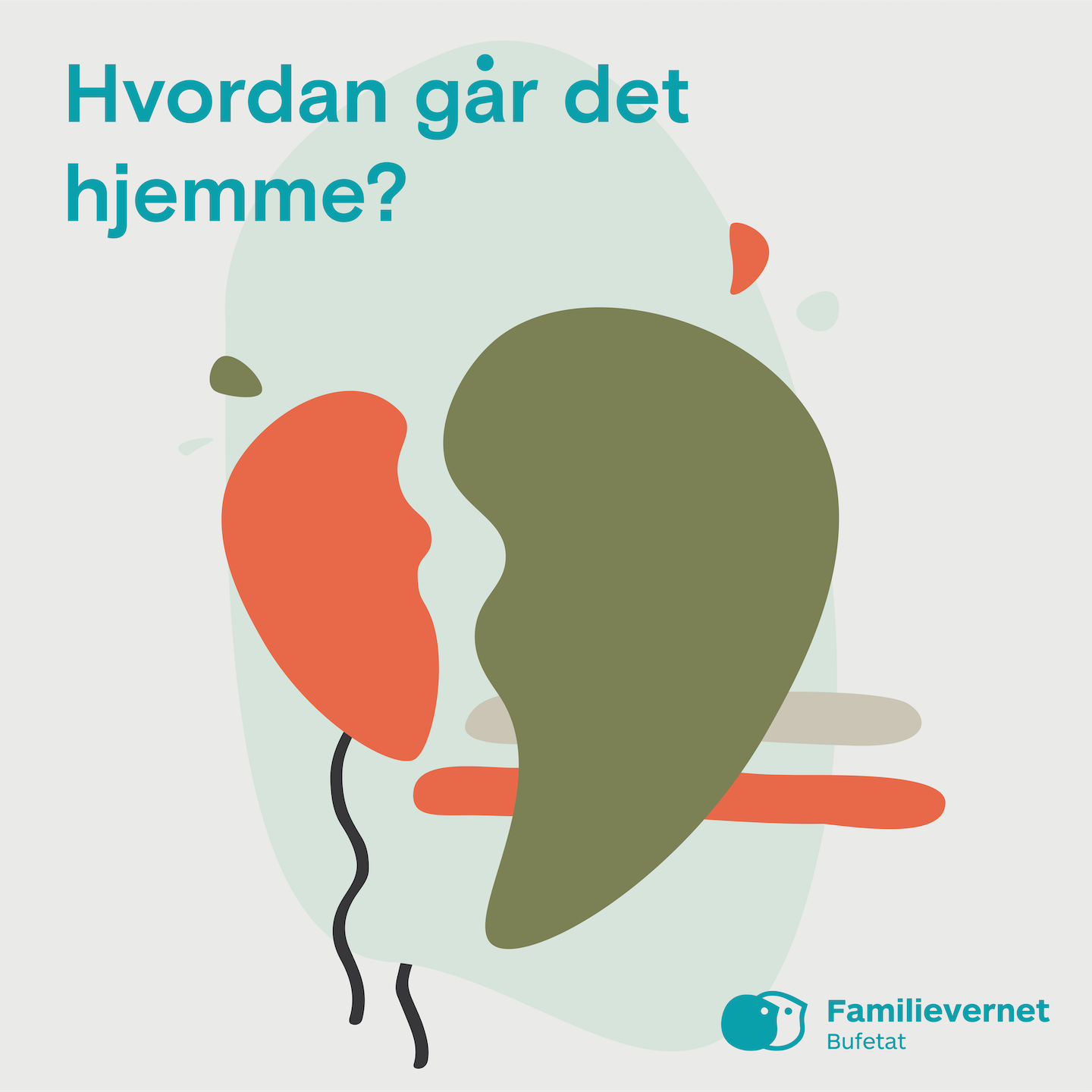 Bannerbilde for podkasten 'Hvordan går det hjemme?' med Familievernet/Bufetat-logo og to abstrakte, illustrerte figurer i oransje og olivengrønt