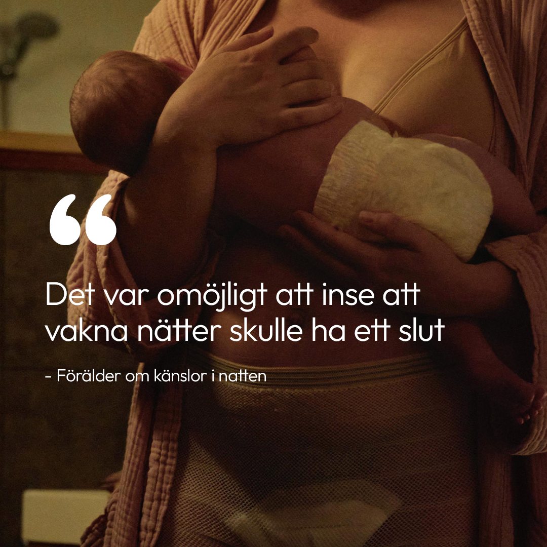 A mother in a bra, robe, and postpartum mesh underwear with a pad holds her newborn baby, who is wearing a diaper, in a dimly lit room. Overlaying text in Swedish reads: "It was impossible to realize that waking nights would have an end - Parent about feelings in the night."