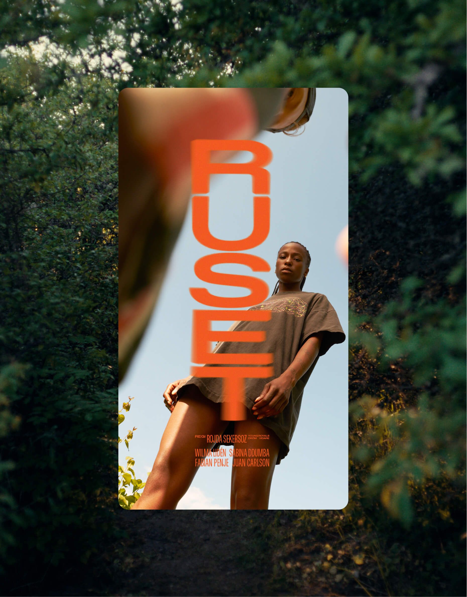 A vertical poster reading RUSET over a photo of two young women embracing among trees, with the drama series' own director and cast credits printed at the foot: director Rojda Sekersöz, cast Wilma Lidén, Sabina Ddumba, Fabian Penje and Juan Carlson.