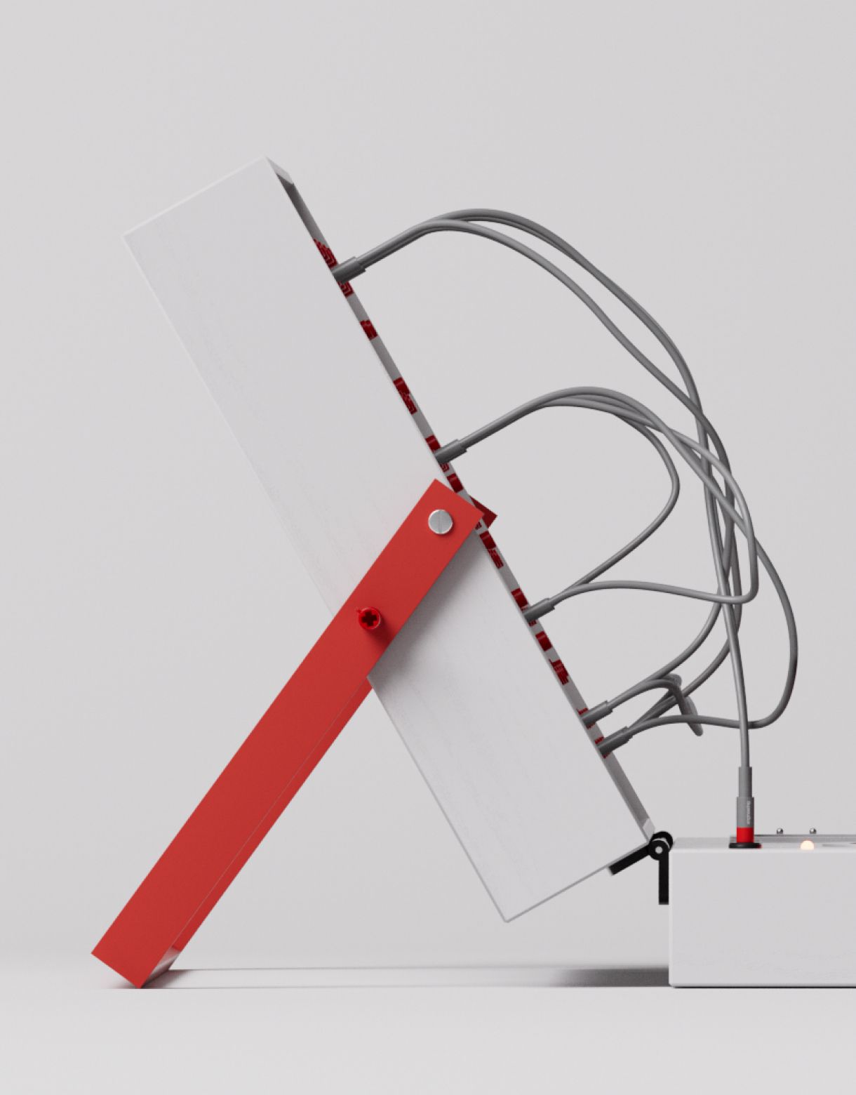 Low-angle product photo of the white and red CHD-4 unit against a plain grey backdrop, cables draped over the back.