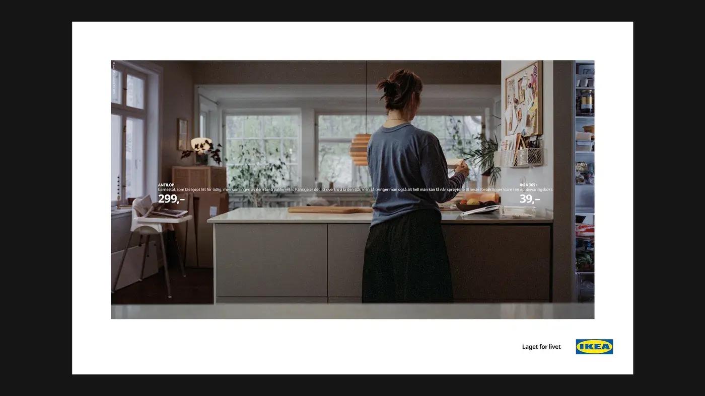 An IKEA advertisement showing a woman in a modern kitchen with product price overlays and the IKEA logo.