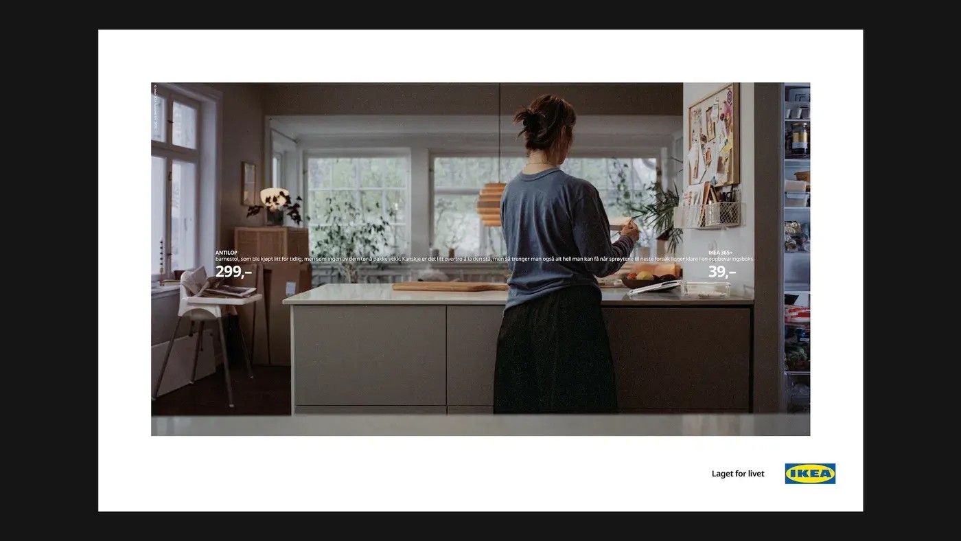 An IKEA advertisement showing a woman in a modern kitchen with product price overlays and the IKEA logo.