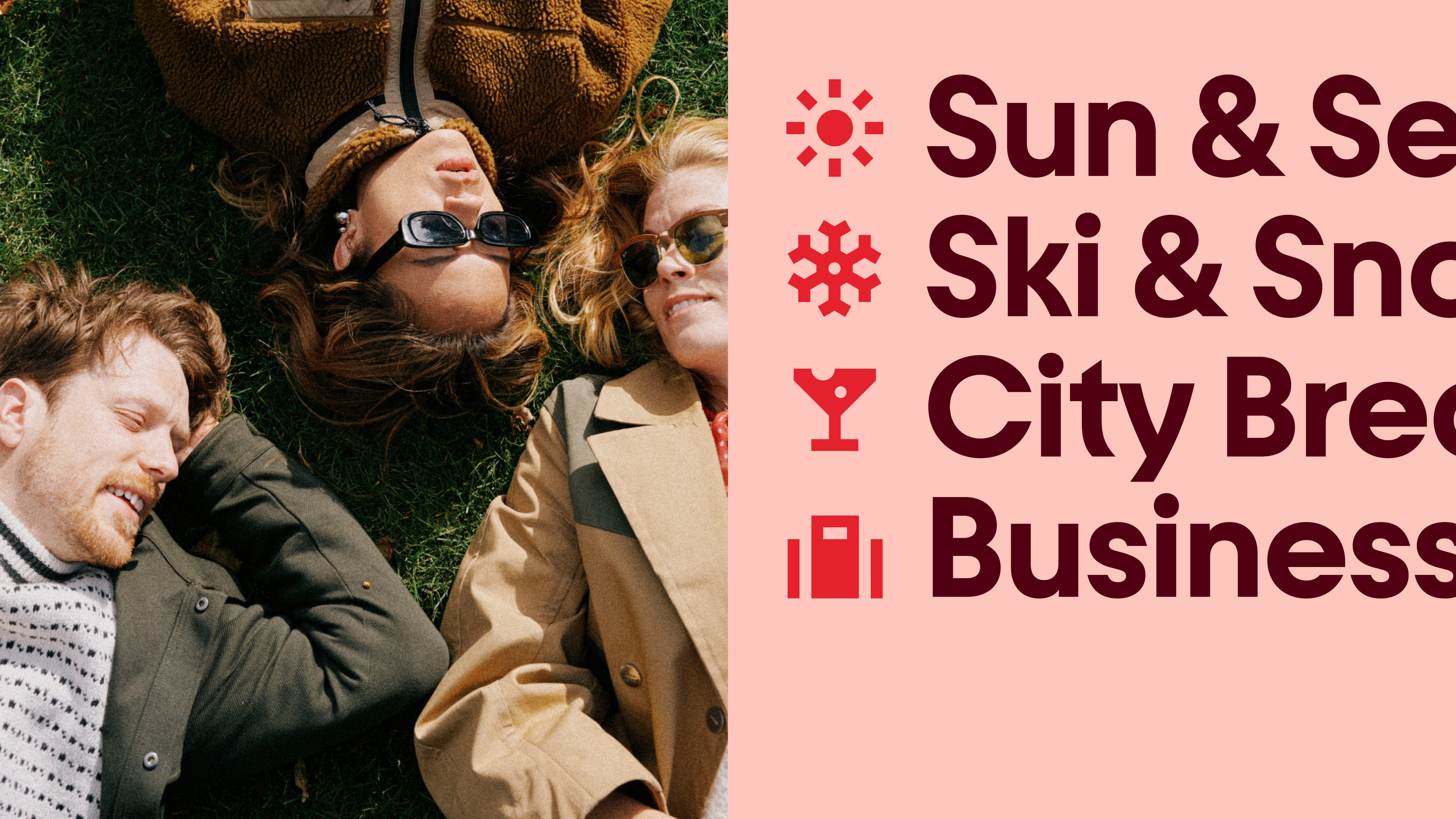Red icons labelled Sun & Sea, Ski & Snow, City Breaks and Business on a pink panel, beside a photograph of a couple lying on grass
