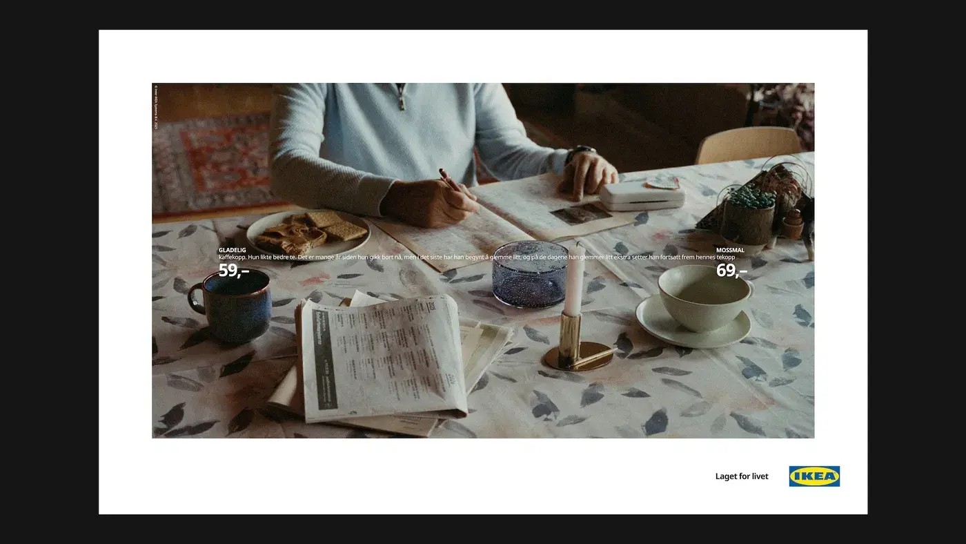 IKEA ad showing a person writing at a table with a blue mug (59) and a beige bowl (69).
