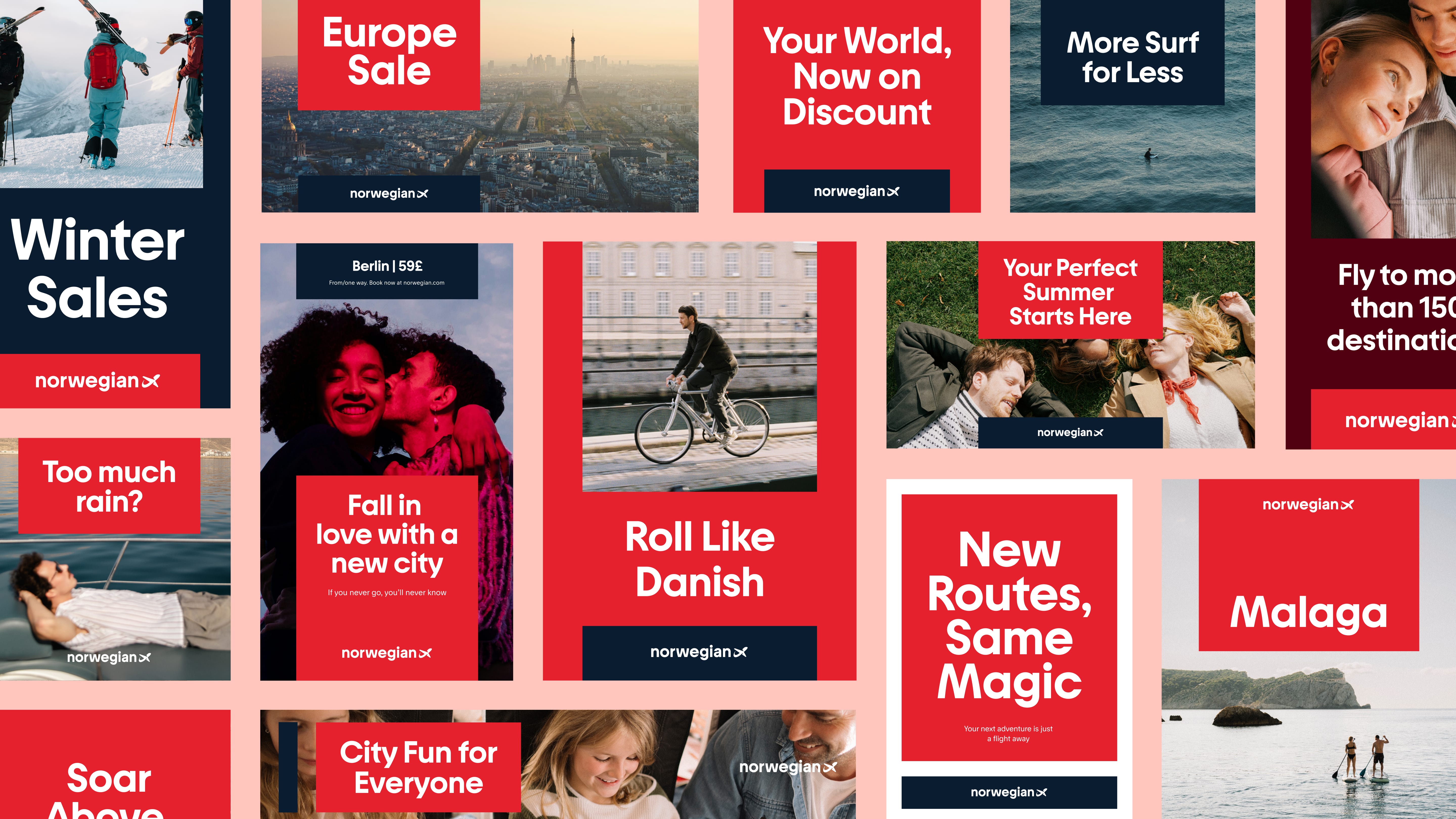 A grid of Norwegian ad layouts in red, pink and navy, mixing photography and headlines such as Europe Sale, Roll Like Danish and New Routes, Same Magic