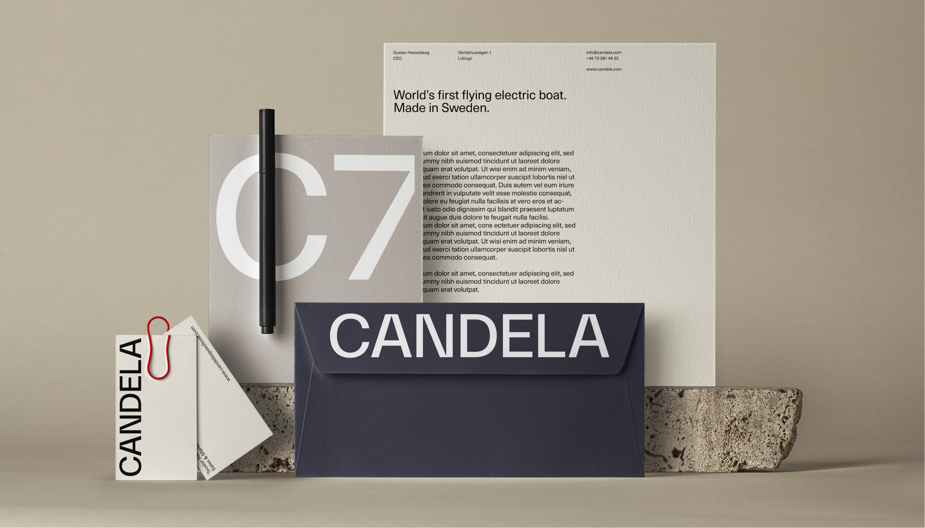 Candela boat and brand identity application, a landscape view