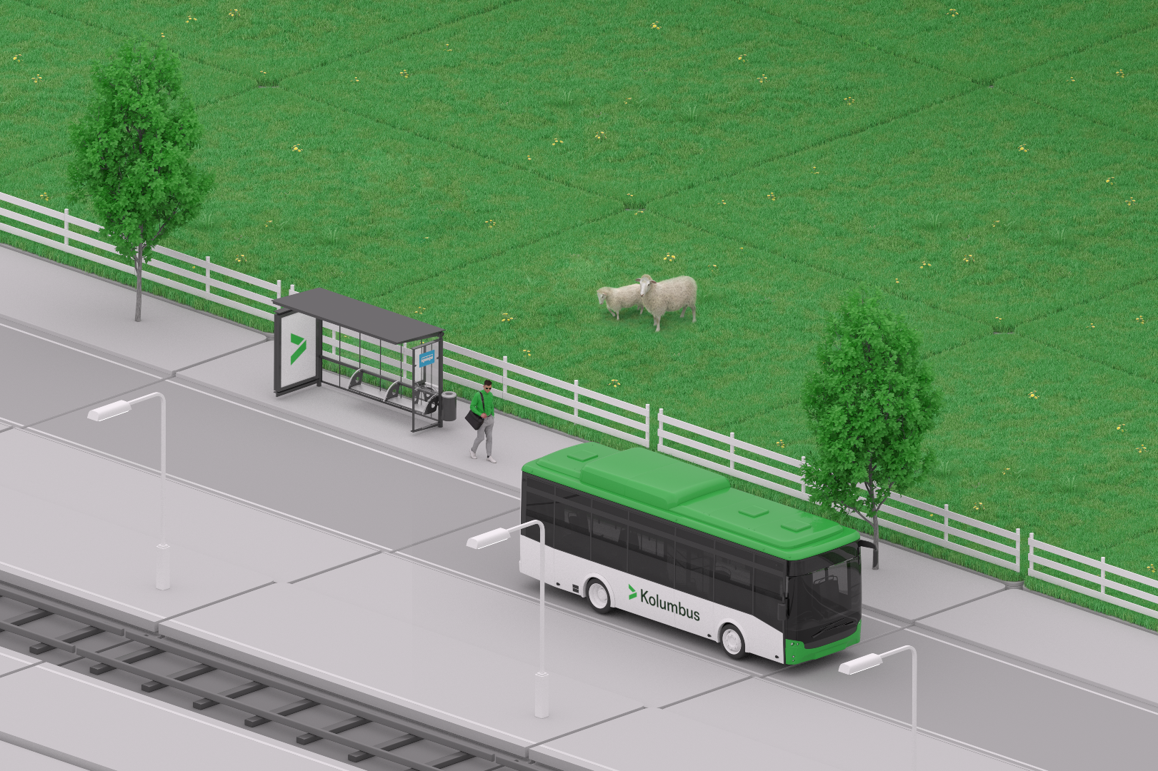 Illustrated rural Norwegian landscape in the Kolumbus system's style, showing countryside roads and green hills