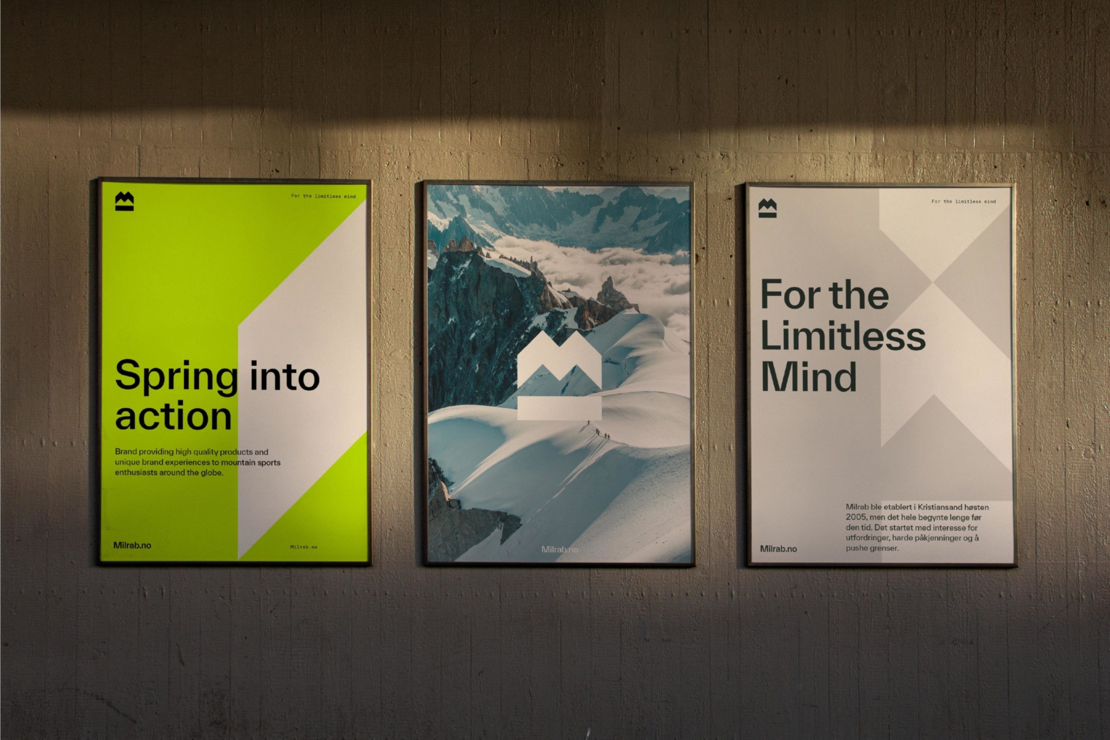 Plakater med Milrabs identitet, med logo, farge og typografisystem.