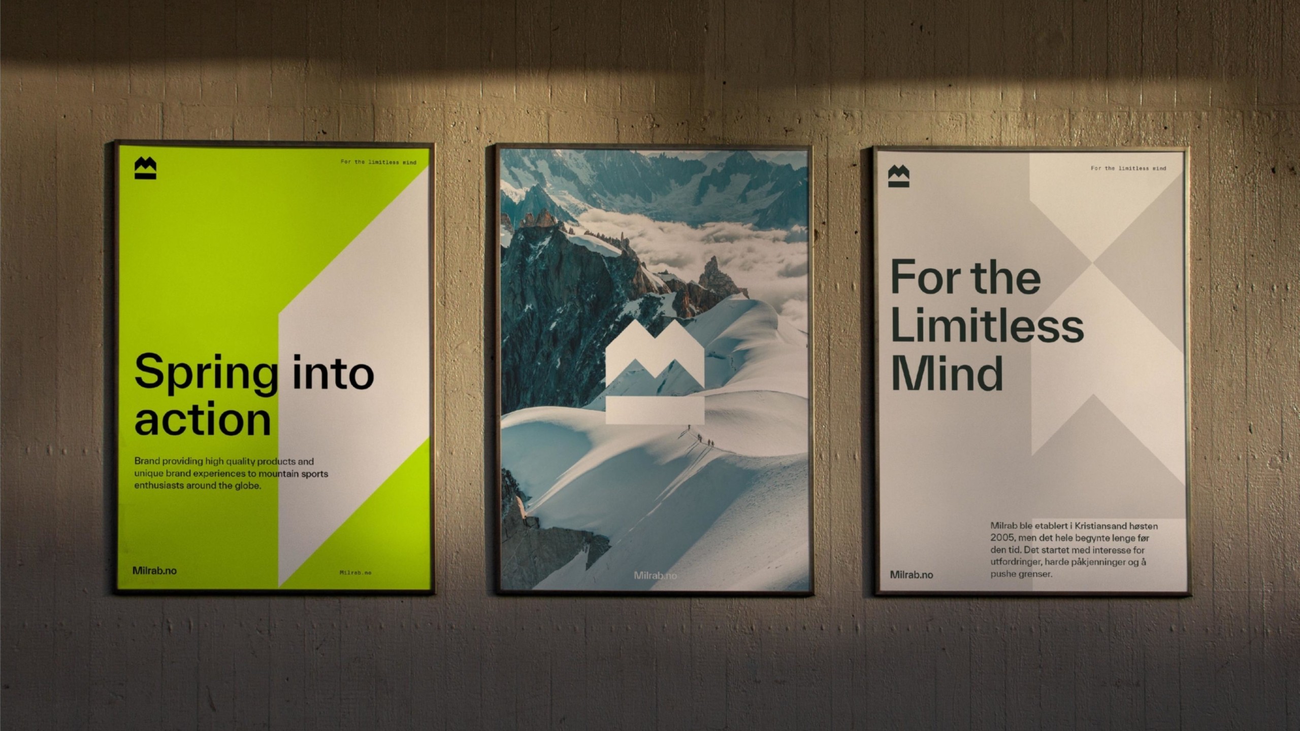 Plakater med Milrabs identitet, med logo, farge og typografisystem.