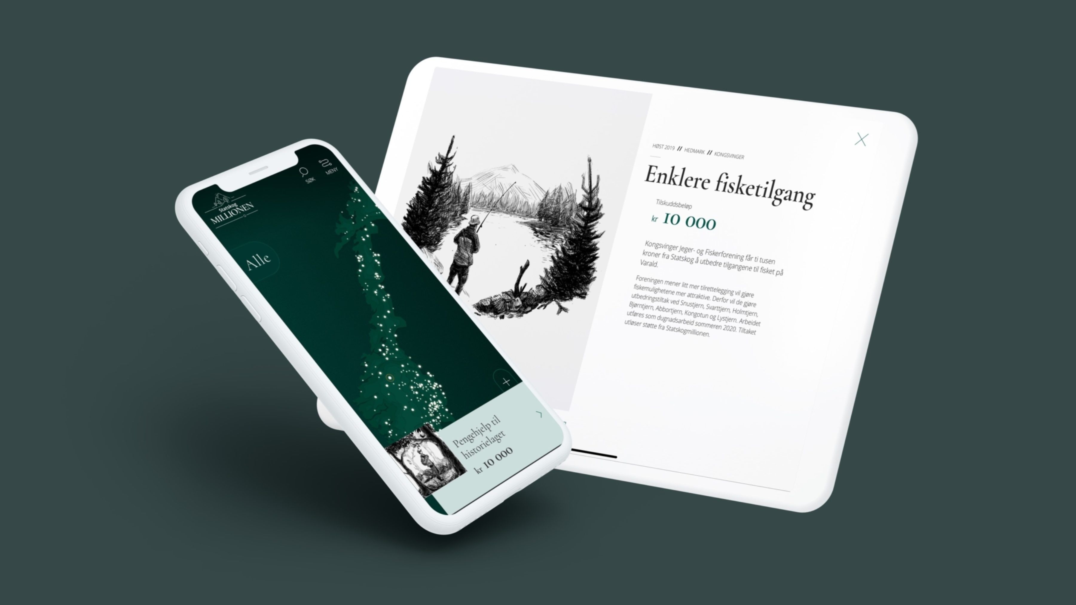 The Statskogmillionen interactive map shown side by side on mobile and tablet screens.