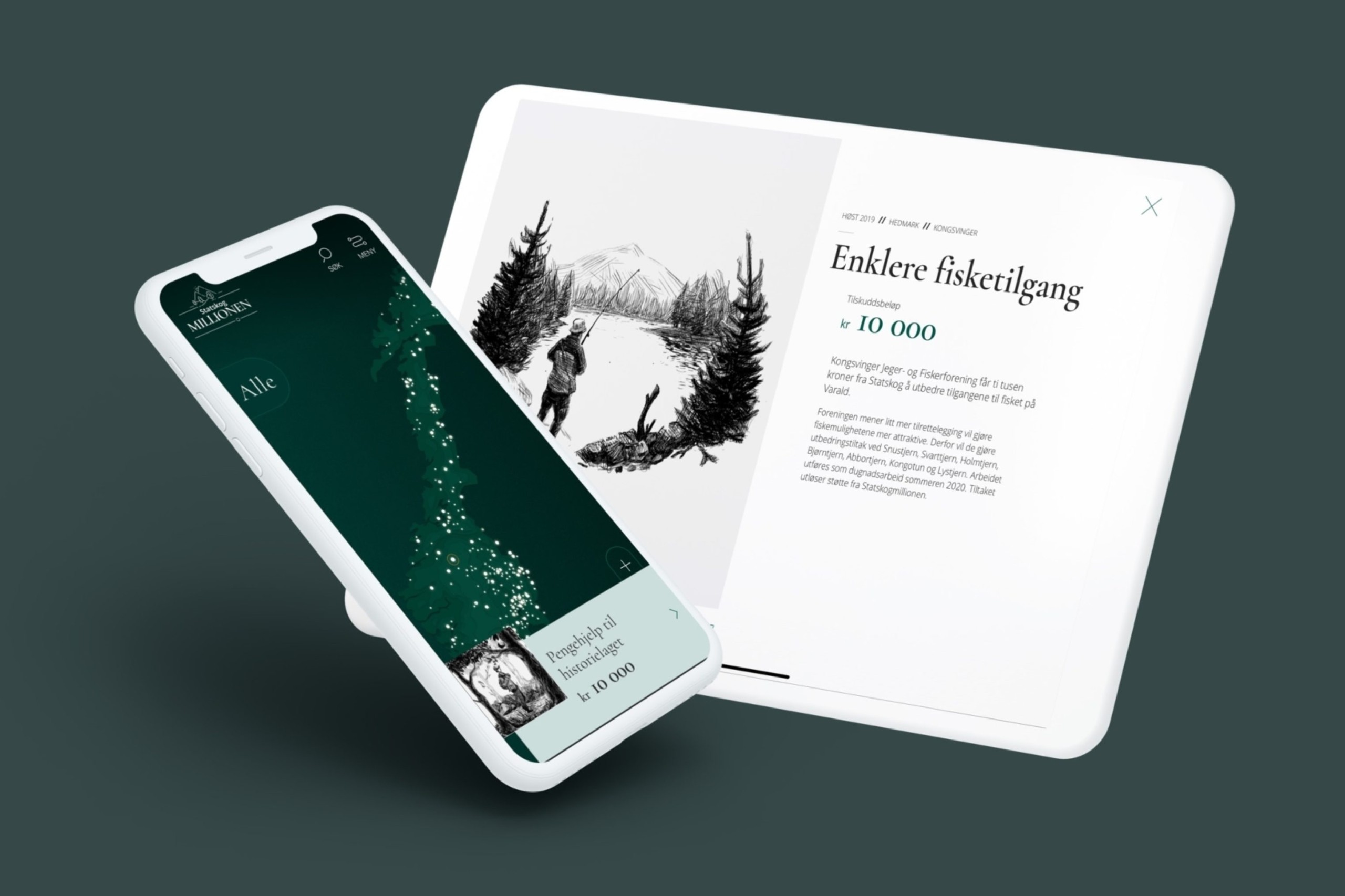 The Statskogmillionen interactive map shown side by side on mobile and tablet screens.
