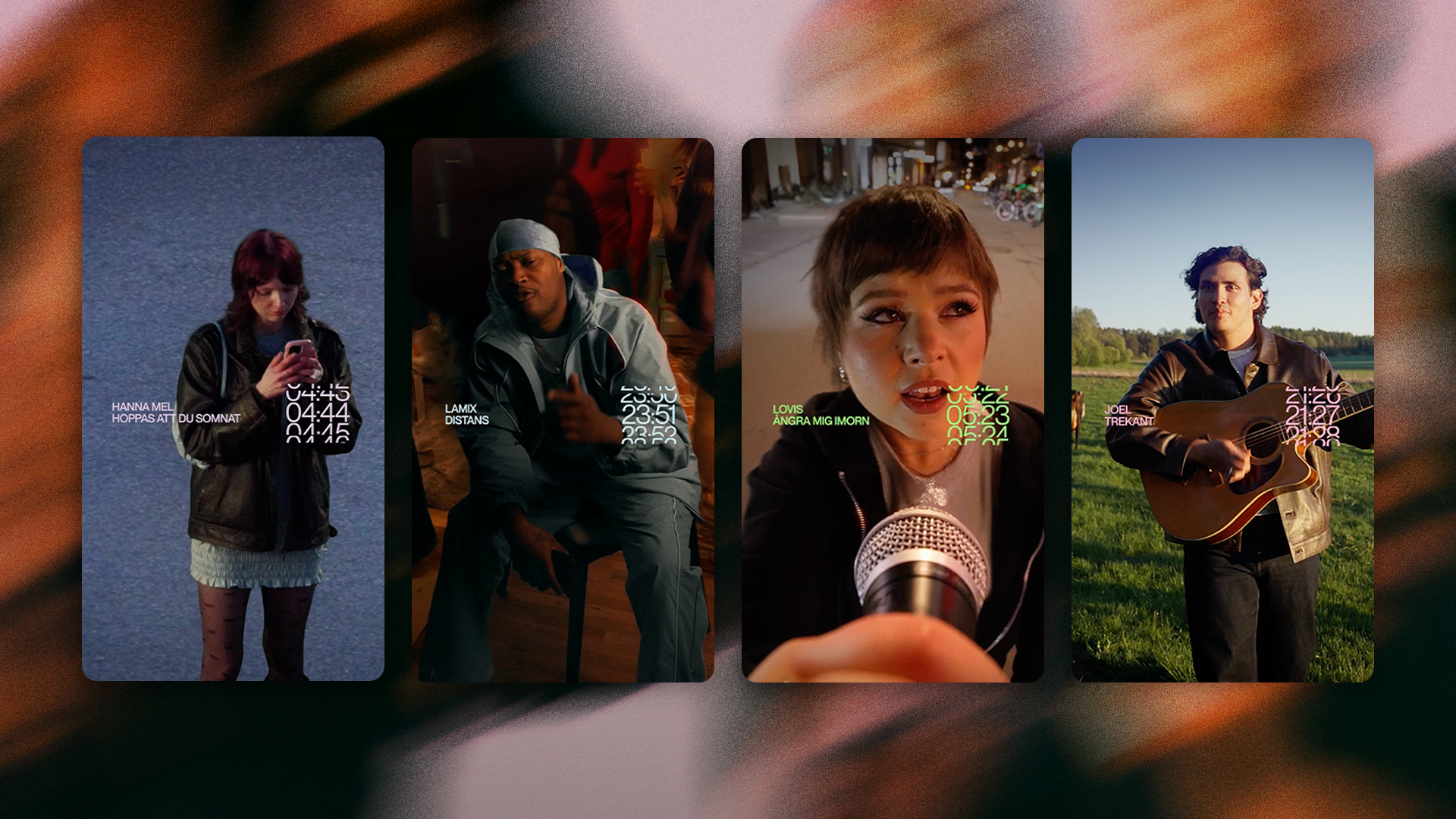 Four vertical video clips featuring a woman on her phone, a man seated, a woman singing into a microphone, and a man playing guitar, all with superimposed digital text.