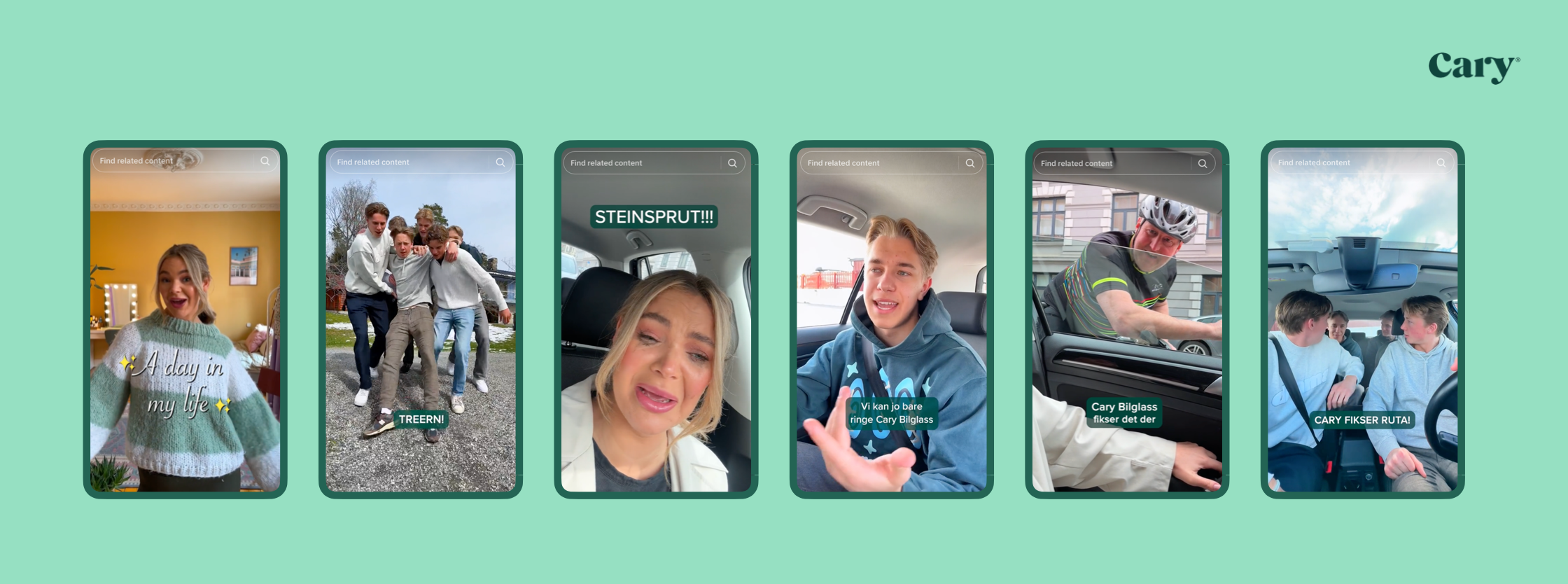 Et rutenett med seks TikTok-videostillbilder fra Cary Bilglass-kampanjen, blant annet "A day in my life", "TREERN!", "STEINSPRUT!!!" og "CARY FIKSER RUTA!", med Cary-logoen.